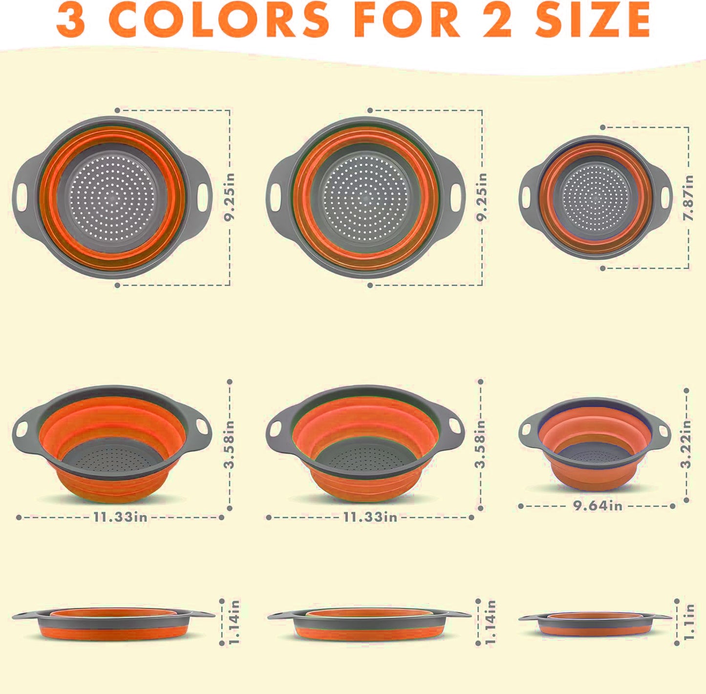 LVL Collapsible Colander Set of 3 Round Silicone Kitchen Strainer Set - 2 pcs 4 Quart and 1 pcs 2 Quart- Perfect for Draining Pasta, Vegetable and fruit (gray )