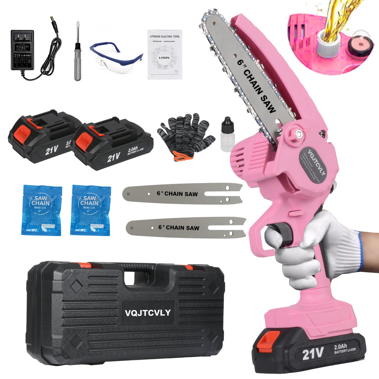 Euur 6 inch Mini Chainsaw with 2x21V 2000mAh Batteries and 2 Chains, Electric Cordless Chainsaw Set with Security Lock for Wood Cutting Tree Pruning Trimming,Pink