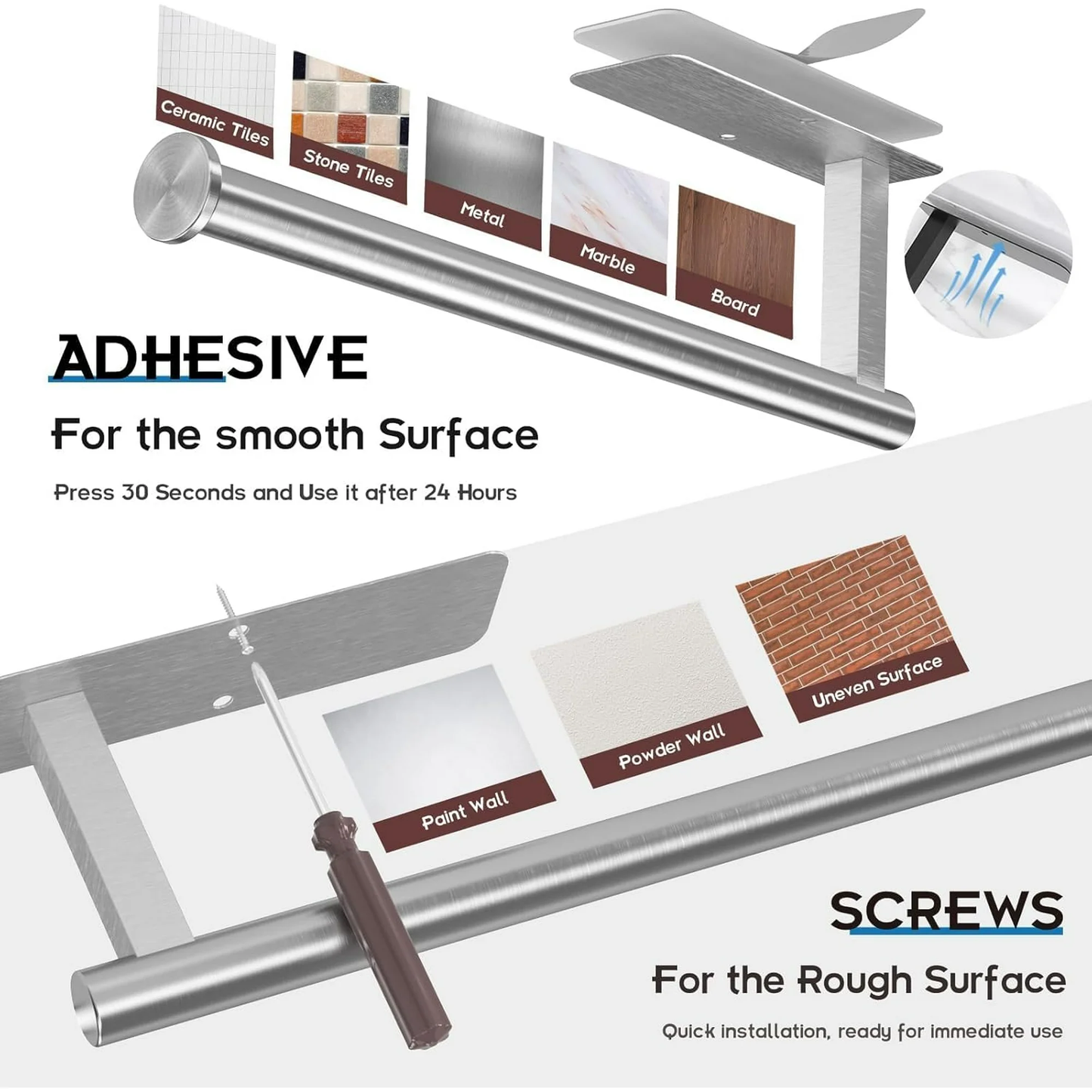 Paper Towel Holders for Kitchen,Paper Towels Bulk- Self-Adhesive Under Cabinet,Both Available in Adhesive and Screws,Stainless Steel,2 Pack