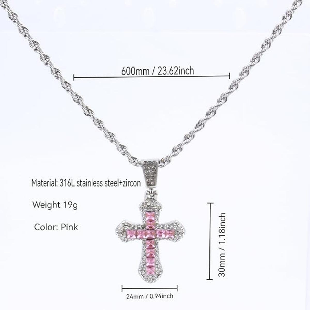 EHIW Crystal Cross Pendant Necklace, Pink Zircon Stones, Silver Chain, 24 Inches