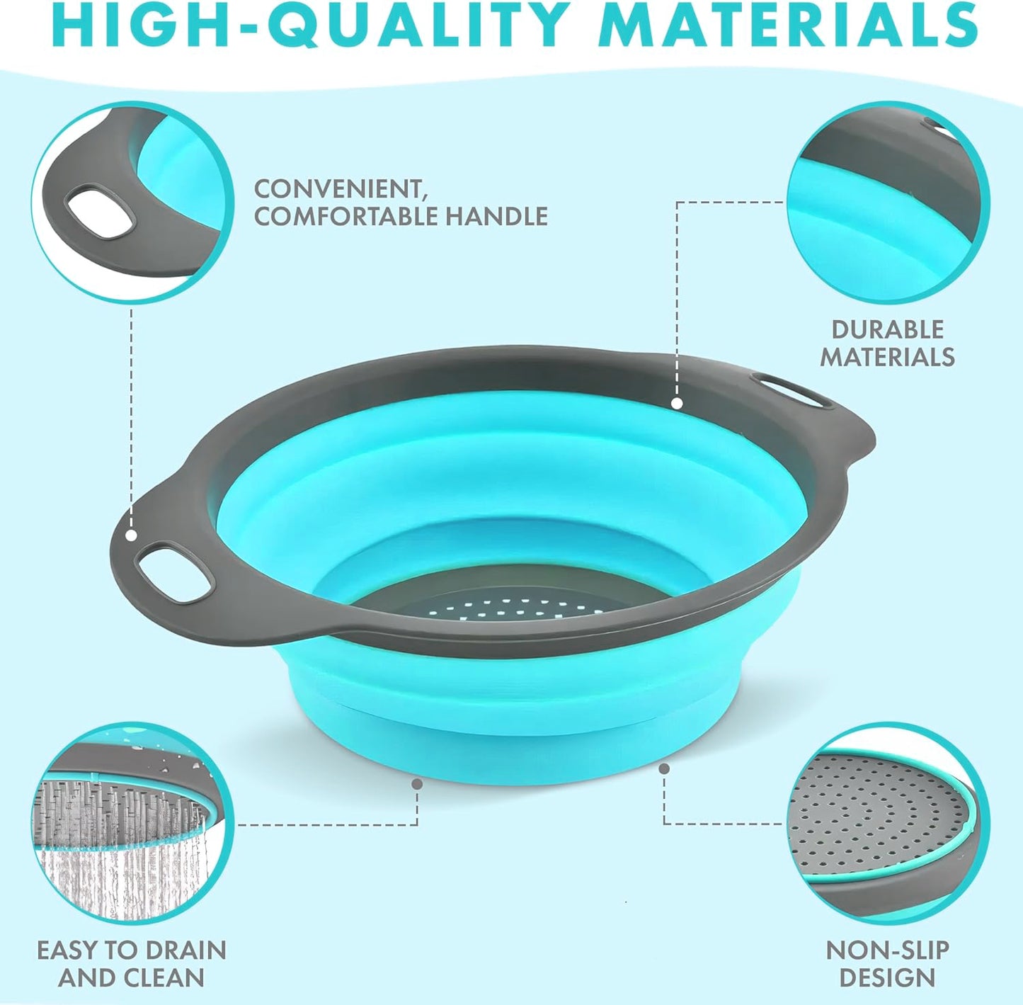 LVL Collapsible Colander Set of 3 Round Silicone Kitchen Strainer Set - 2 pcs 4 Quart and 1 pcs 2 Quart- Perfect for Draining Pasta, Vegetable and fruit (blue)