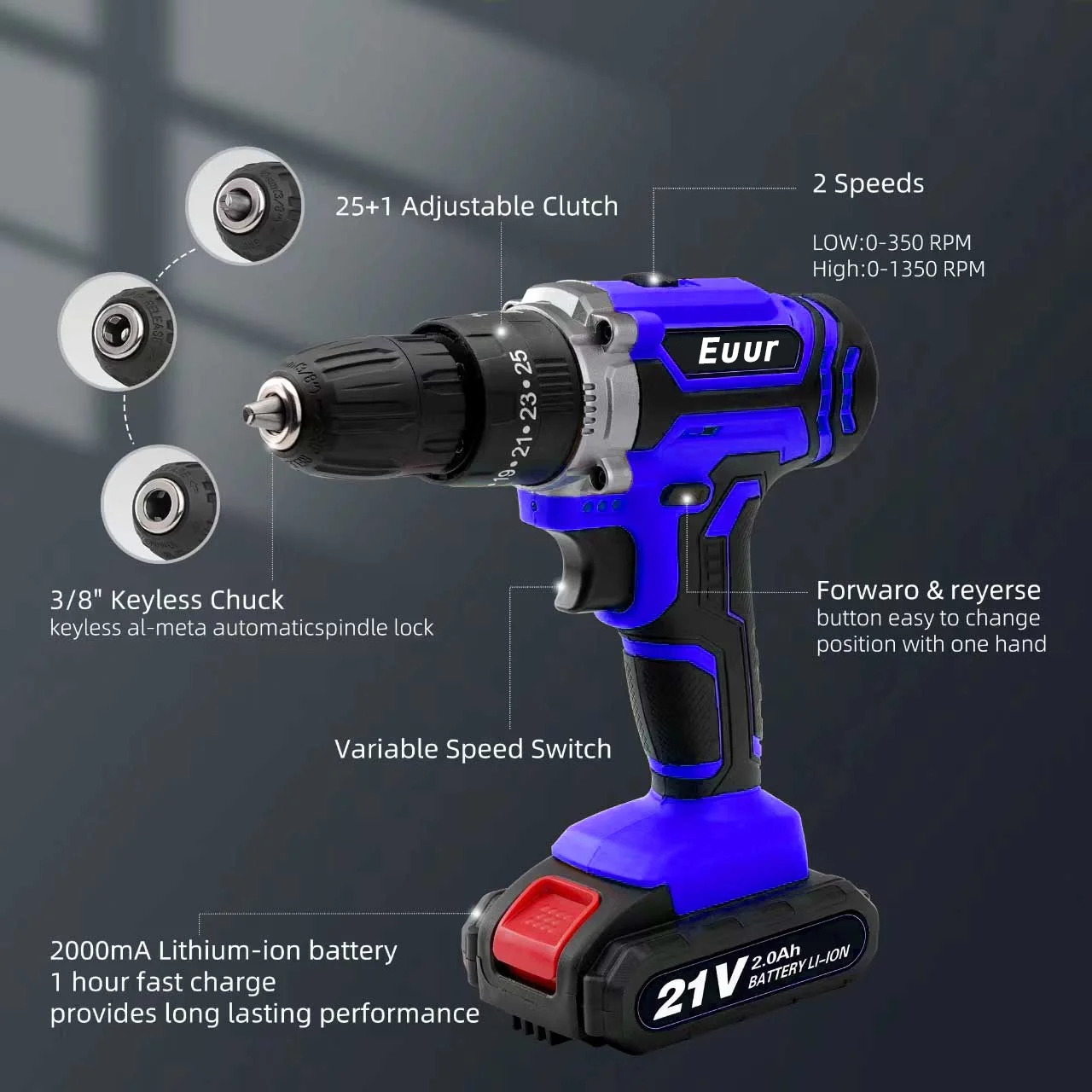 Cordless Drill, 21V Power Drill Set, 25+1 Position Adjustable Torque Electric Drill, 2-Speed Transmission For Screwdriving And Drilling, Blue