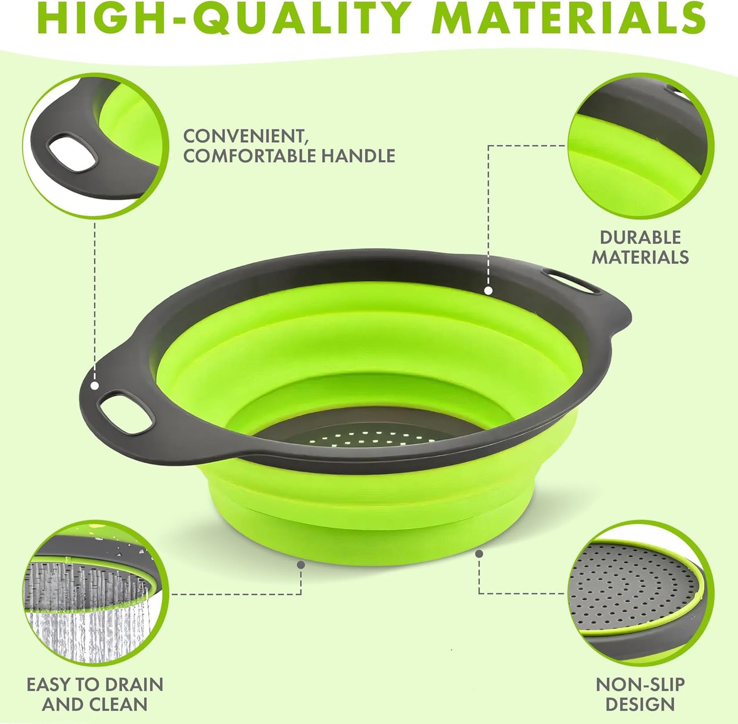 LVL Collapsible Colander Set of 3 Round Silicone Kitchen Strainer Set - 2 pcs 4 Quart and 1 pcs 2 Quart- Perfect for Draining Pasta, Vegetable and fruit (green)