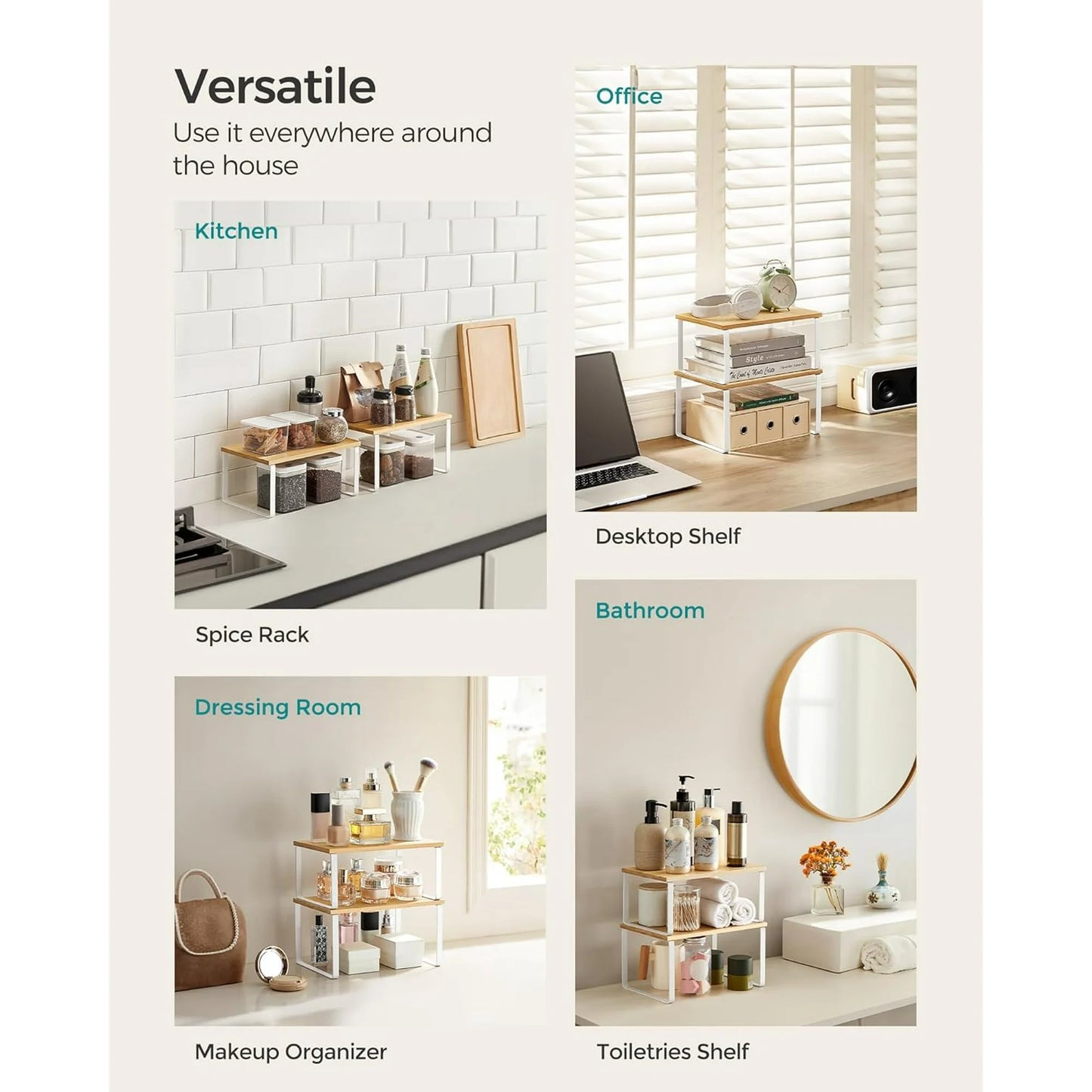 Cabinet Organizer Shelf, Set of 2 Kitchen Counter Shelves, Kitchen Storage, Spice Rack, Stackable, Expandable, Metal and Engineered Wood, Cloud White and Natural Beige-White