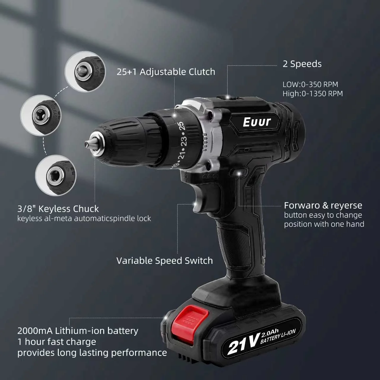 Euur Cordless Drill, 21V Power Drill Set, 25+1 Position Adjustable Torque Electric Drill, 2-Speed Transmission For Screwdriving And Drilling, Black