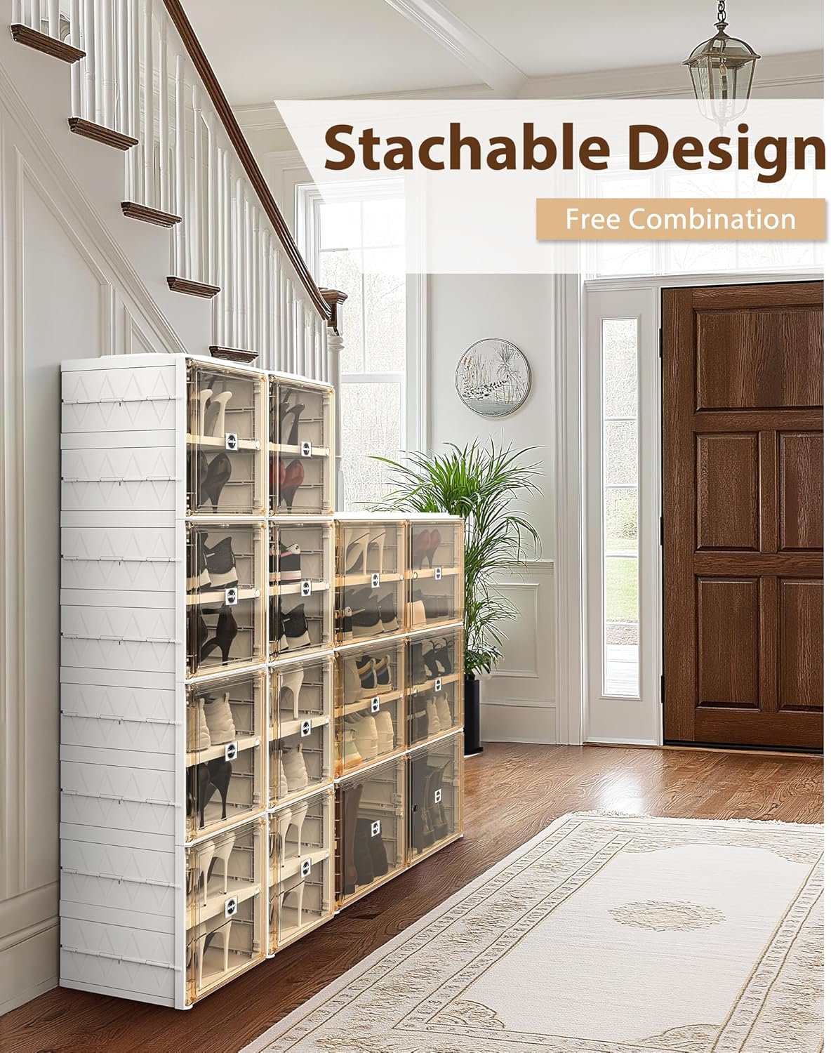 Foldable Shoe Rack Organizer for Closet Plastic Collapsible Shoe Shelf for front door entrance Stackable Clear Folding Shoes Storage Boxes Tall Shoe Cabinet with Lids 5 Tiers 20 Paris.