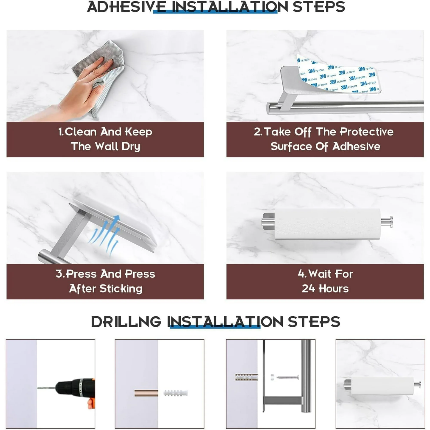 Paper Towel Holders for Kitchen,Paper Towels Bulk- Self-Adhesive Under Cabinet,Both Available in Adhesive and Screws,Stainless Steel