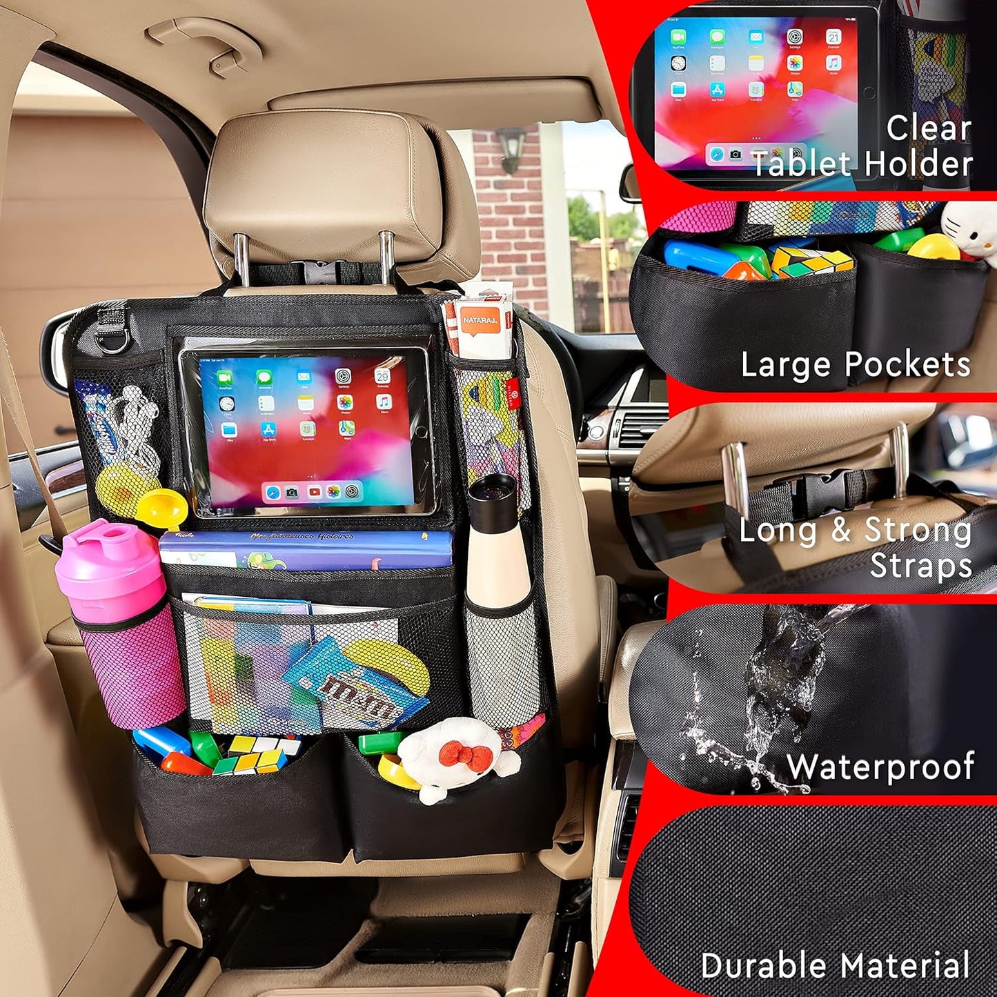 2 Pack Backseat Car Organizer, with 9 Storage Pockets 2 Pack, Black