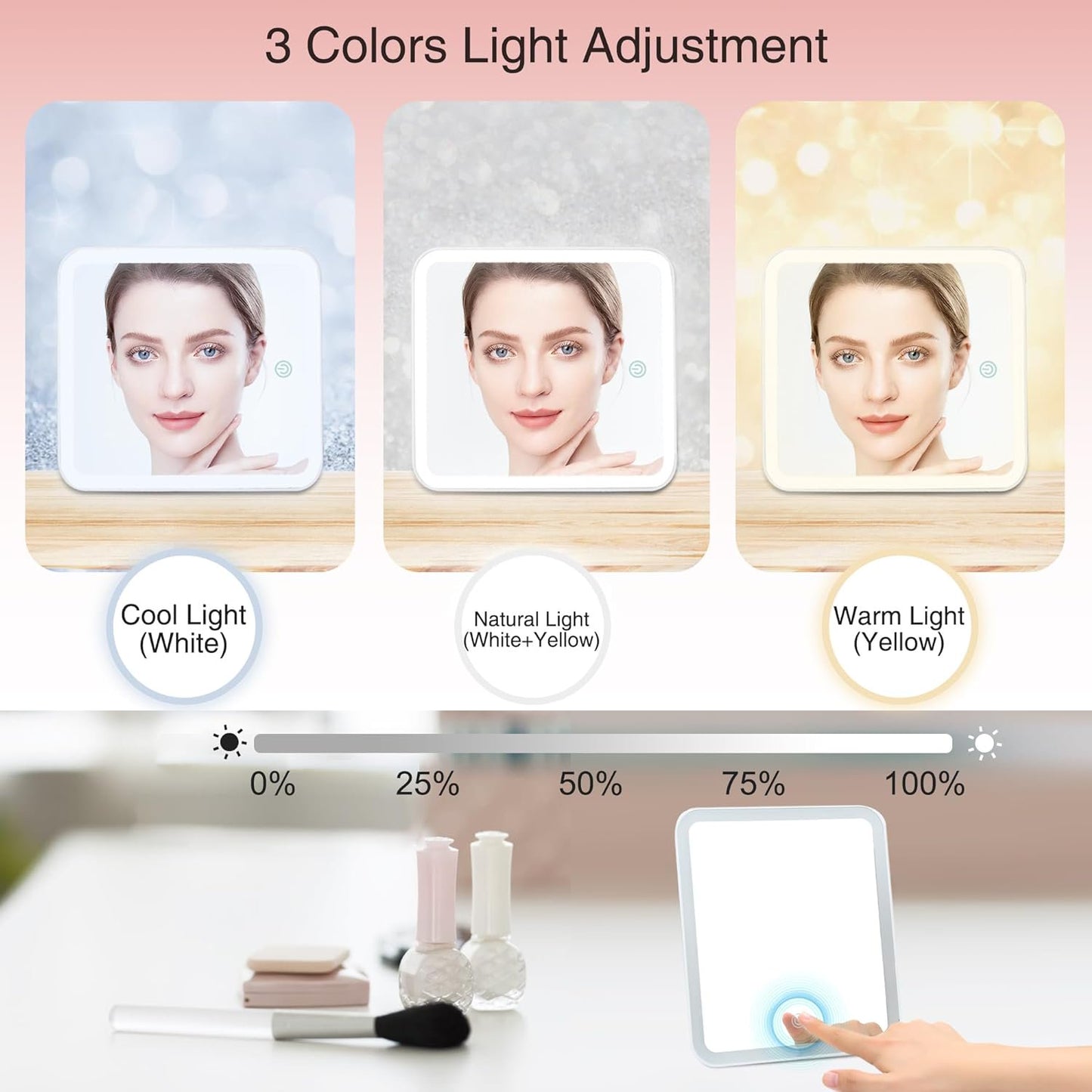 IDFINE Travel Makeup Bag With LED Mirror, Cosmetic Train Case with Light up Mirror, Portable Makeup Artist Organizer Bag with Adjustable Dividers, Makeup Brush Holder Storage, Pink