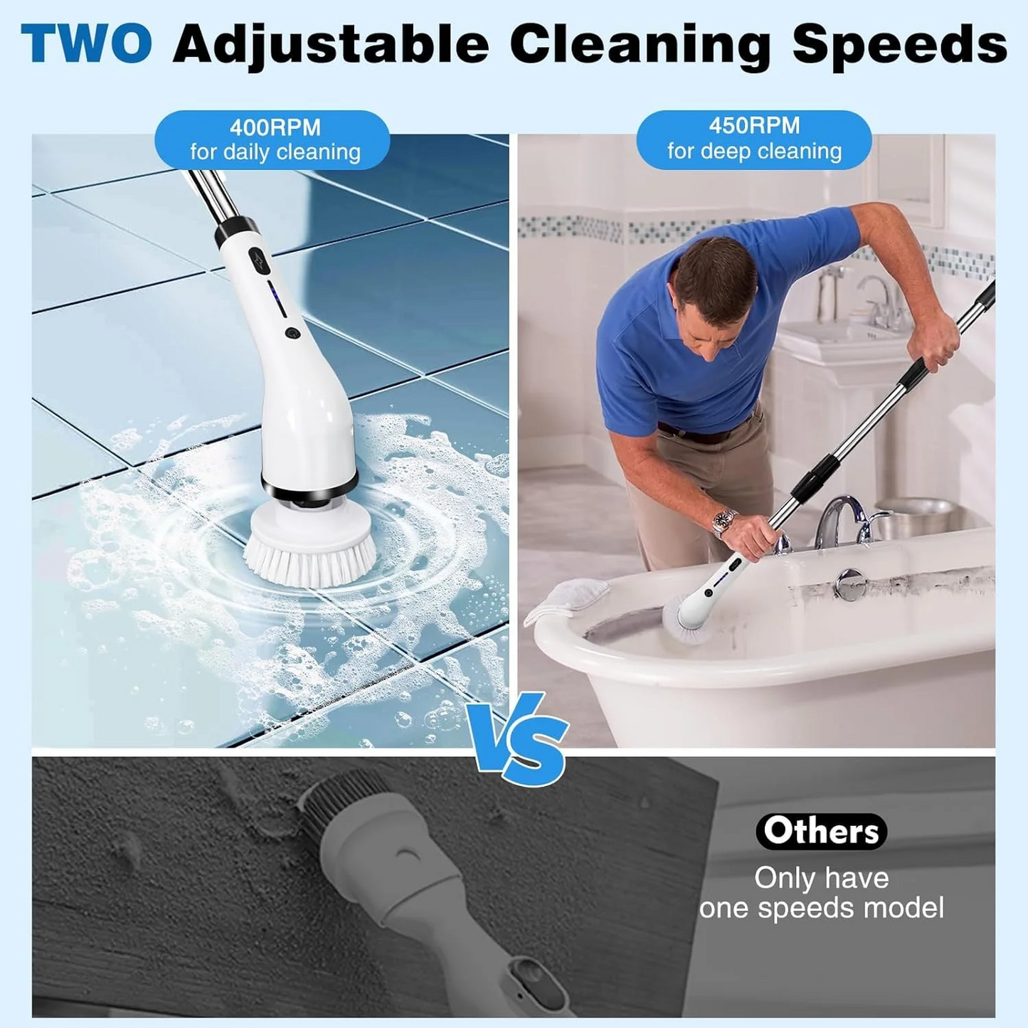 Electric Spin Scrubber,Cordless Cleaning Brush,Shower Cleaning Brush with 8 Replaceable Brush Heads, Power Scrubber Adjustable Speeds,Adjustable & Detachable Long Handle,Black