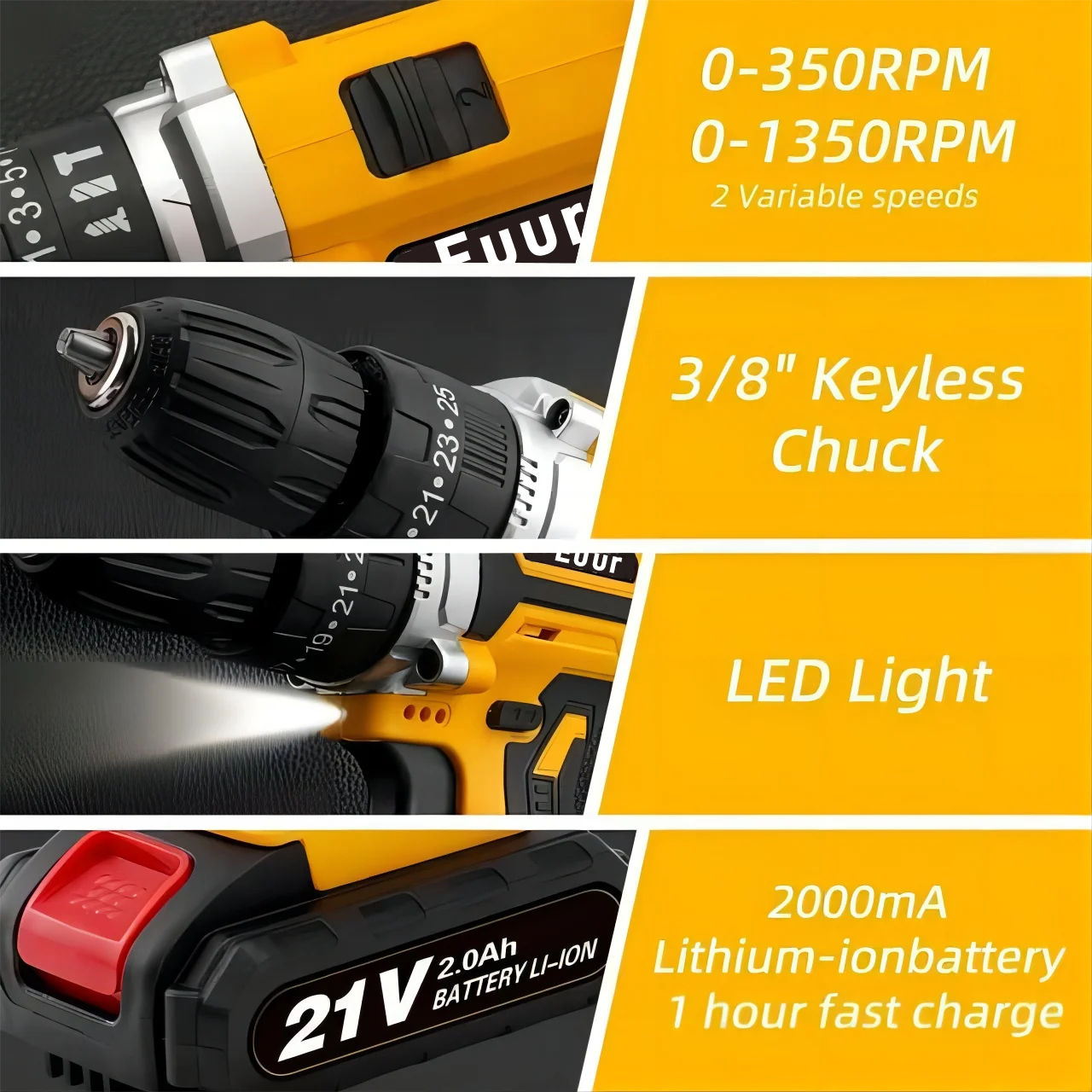 Euur Cordless Drill, 21V Power Drill Set with 2Ah Battery, 3/8"Keyless Chuck, 25+1 Position Electric Drill, 2-Speed Transmission For Screwdriving And Drilling, Yellow