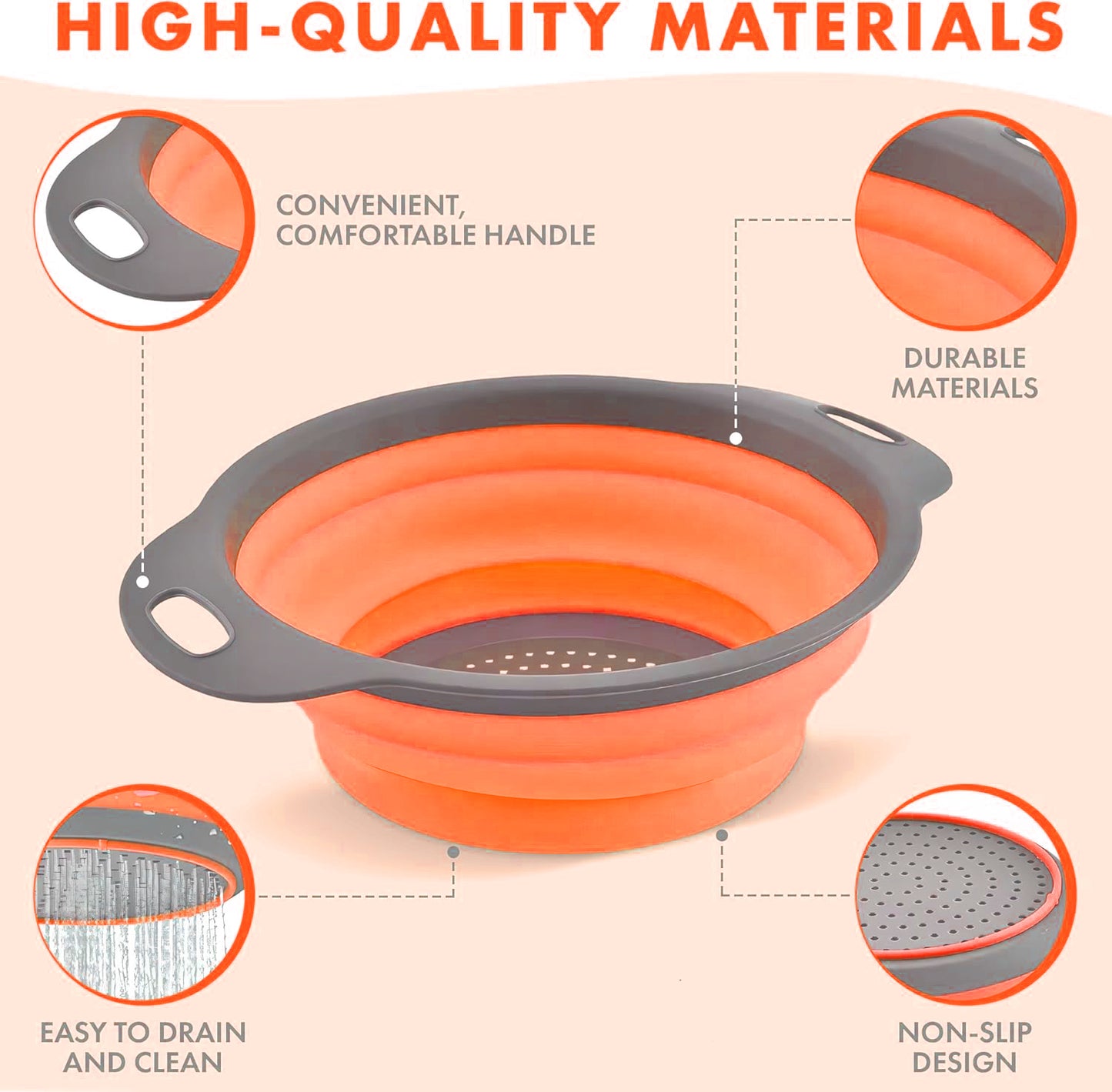 LVL Collapsible Colander Set of 3 Round Silicone Kitchen Strainer Set - 2 pcs 4 Quart and 1 pcs 2 Quart- Perfect for Draining Pasta, Vegetable and fruit (gray )