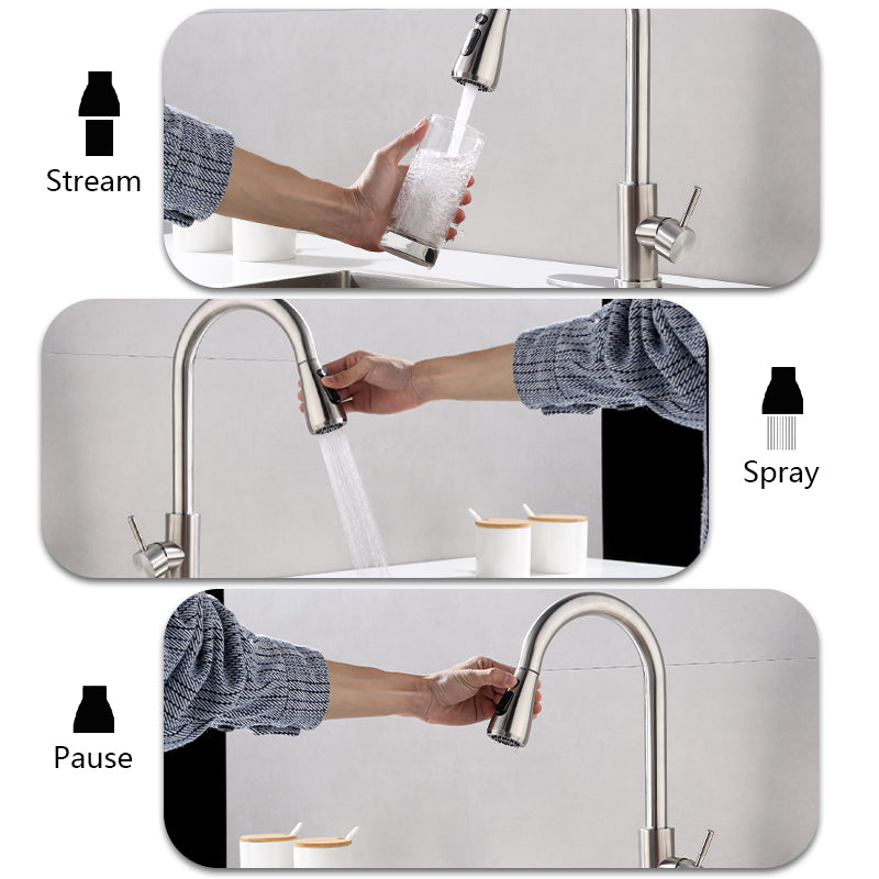 Kitchen Faucets with Pull Down Sprayer (3 Modes), Brushed Nickel Kitchen Faucet Single Hole, Single Handle Kitchen Sink Faucet, High Arc 304 SUS Stainless Steel Faucet for Kitchen, Bar, RV