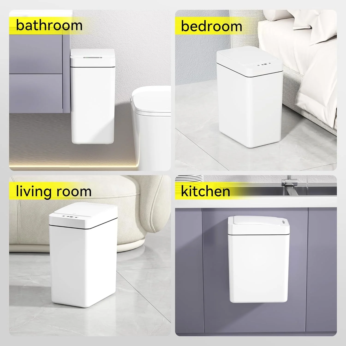 IRINNA 2Pack Bathroom Small Trash Can with Lid, 2.6 Gallon Touchless Automatic Garbage Can Slim Waterproof Motion Sensor Smart Trash Bin for Bedroom, Office, Kitchen, Living Room (White)