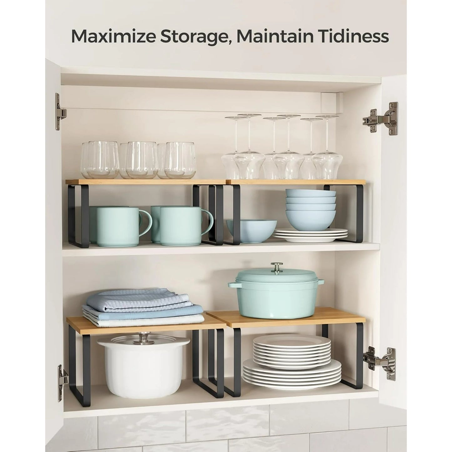 Cabinet Shelf Organizer, Extendable Countertop Shelves Set of 2, Kitchen Spice Racks, Stackable, Storage Racks for Cupboard, Sink, Pantry, Bathroom, Natural, Metal-Black
