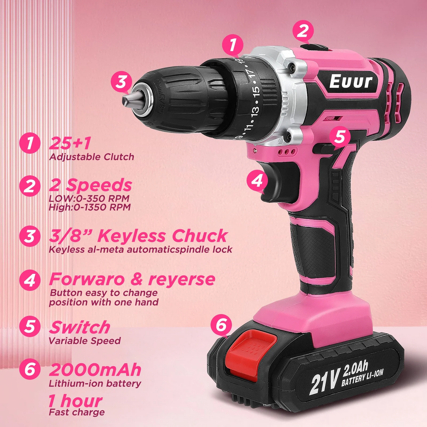 Cordless Drill, 21V Power Drill Set with 2Ah Battery, 3/8"Keyless Chuck, 25+1 Position Electric Drill, 2-Speed Transmission For Screwdriving And Drilling, Pink