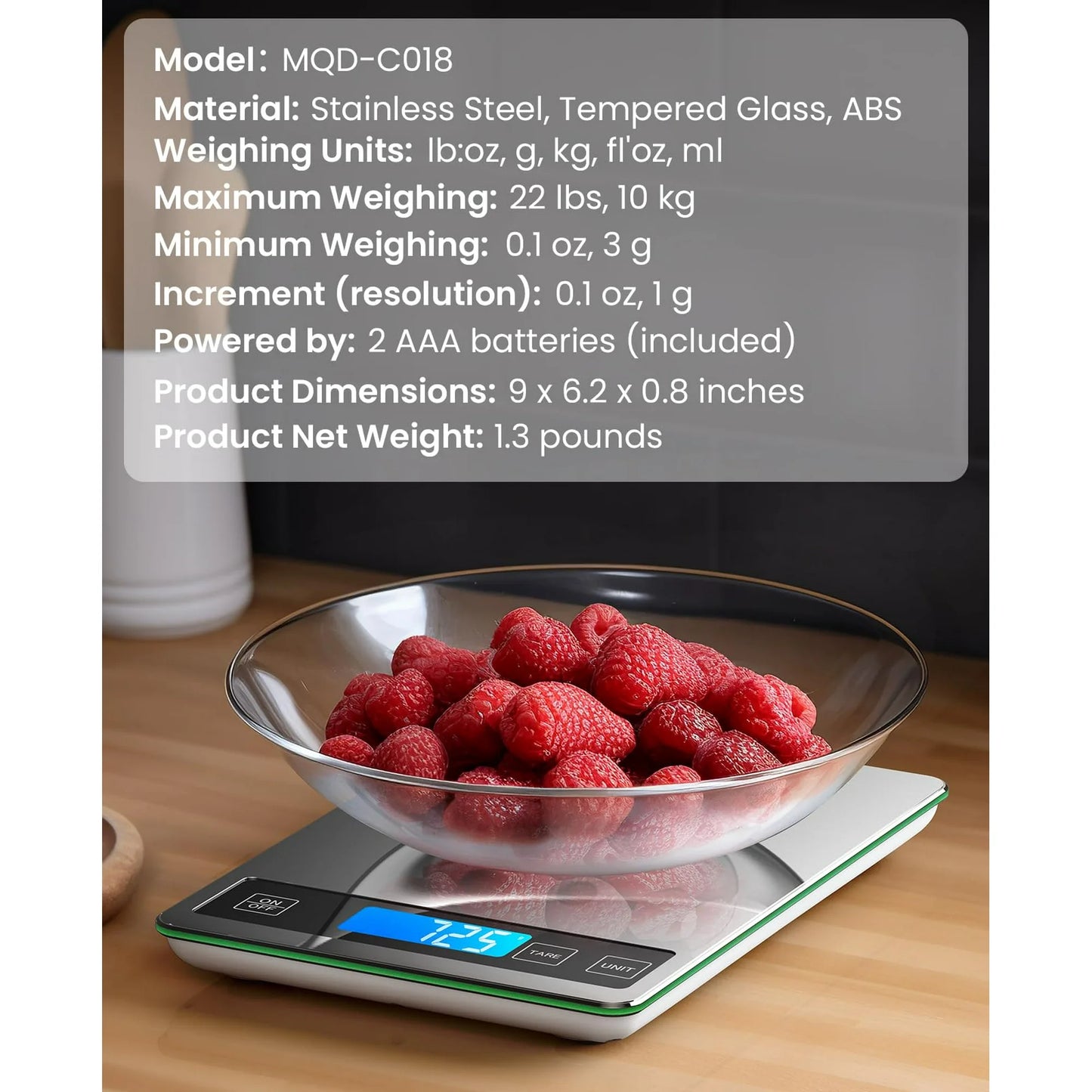 LVL Food Scale, 22lb Digital Kitchen Scale Weight Grams and oz for Cooking Baking, 1g/0.1oz Precise Graduation, Stainless Steel and Tempered Glass (Ash Silver)