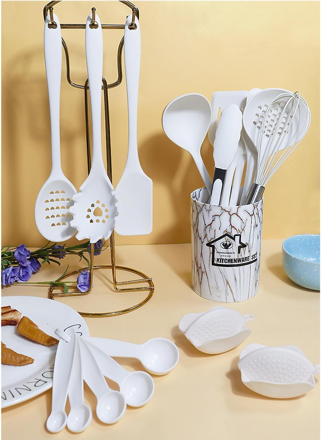 18PCS Silicone Cooking Utensils Set - 446°F Heat Resistant Kitchen Utensils,Turner Tongs,Spatula,Spoon,Brush,Whisk,Kitchen Utensil Gadgets Tools Set for Nonstick Cookware,Dishwasher Safe - White