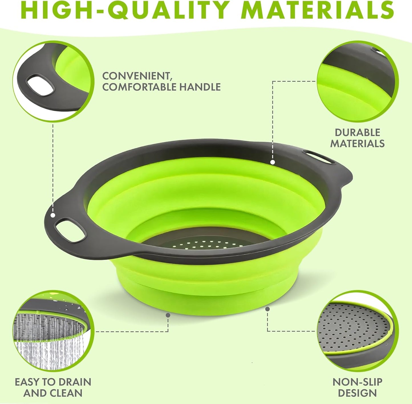 LVL Collapsible Colander Set of 3 Round Silicone Kitchen Strainer Set - 2 pcs 4 Quart and 1 pcs 2 Quart- Perfect for Draining Pasta, Vegetable and fruit (green,blue, purple)