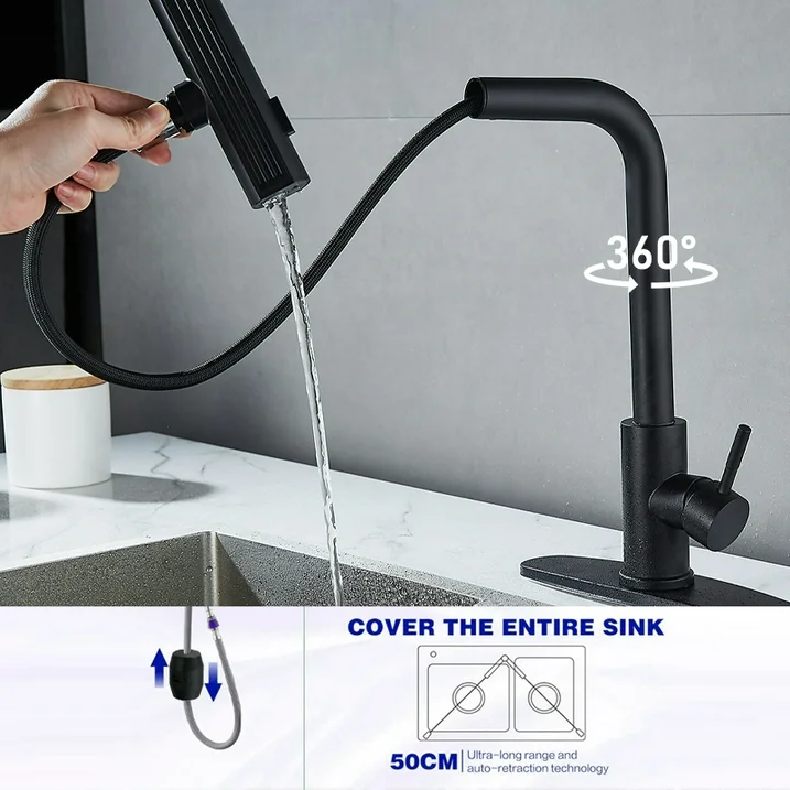 Black Kitchen Faucets with Pull Down Sprayer,Waterfall Kitchen Sink Faucet,Commercial Utility Stainless Steel Kitchen Faucets,Single Handle Kitchen Sink Faucet with Pull Down Sprayer for 3 Function