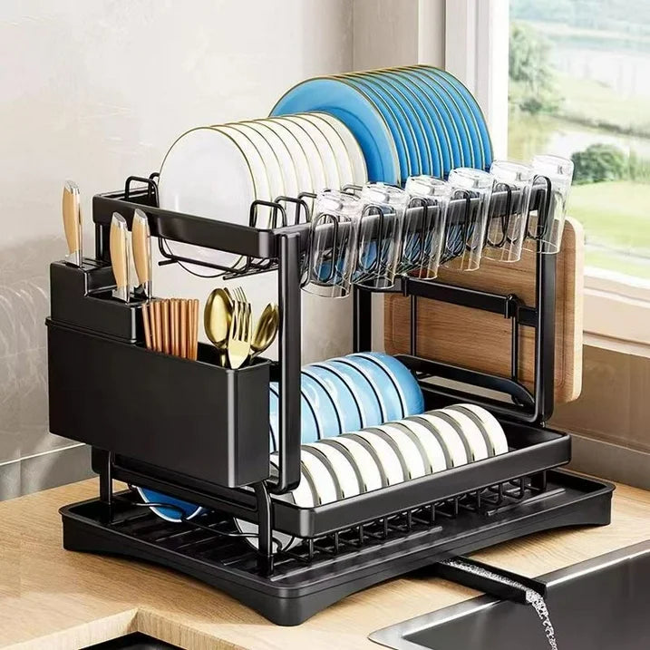 Dish Drying Rack - Stainless Steel Dish Rack for Kitchen Counter, 2-Tier Kitchen Organizers and Storage Rack with Drainboard and Cutlery Holder, Large, Black