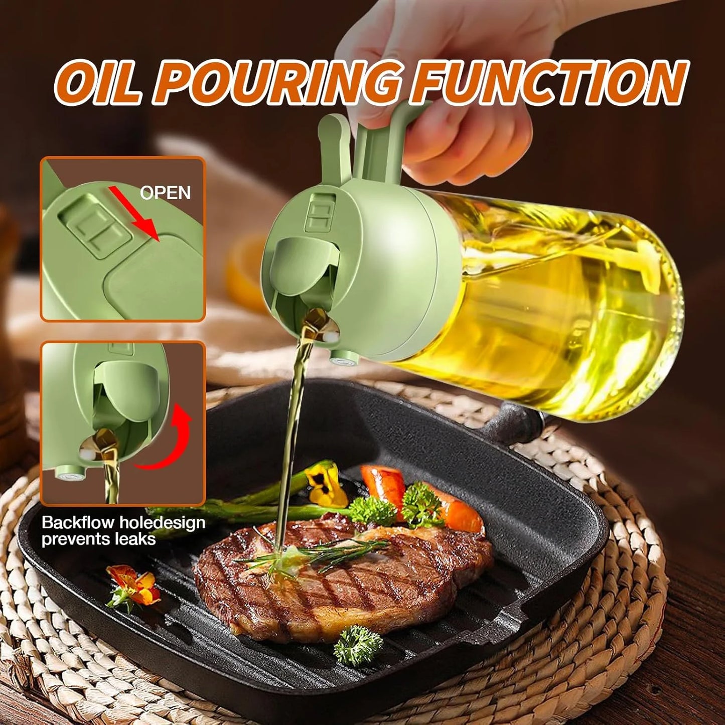 Olive Oil Dispenser Bottle for Kitchen,2 in 1 Oil Sprayer for Cooking, 18oz/600ml Glass Oil Spray Bottle with Pourer, Food-grade Oil Mister for Air Fryer, Salad, Frying, BBQ (2PCSGreen)