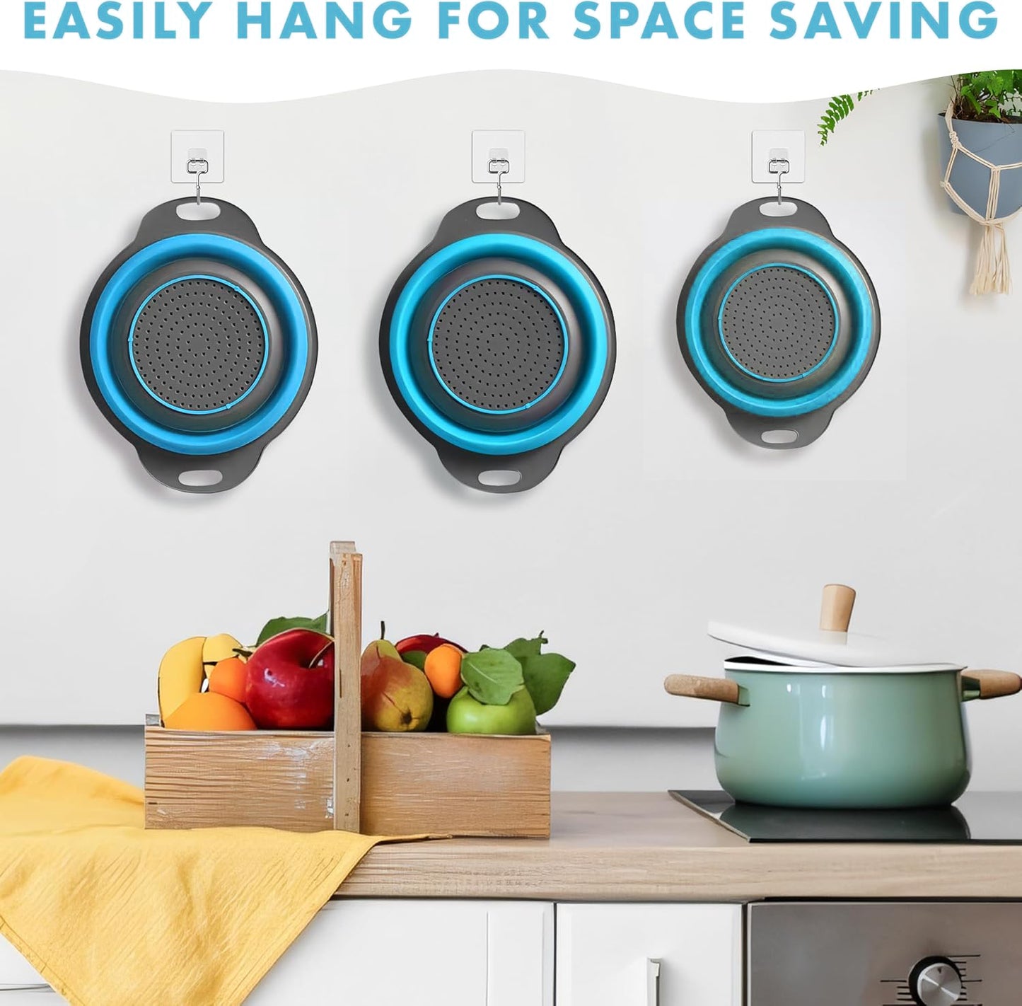 LVL Collapsible Colander Set of 3 Round Silicone Kitchen Strainer Set - 2 pcs 4 Quart and 1 pcs 2 Quart- Perfect for Draining Pasta, Vegetable and fruit (blue)