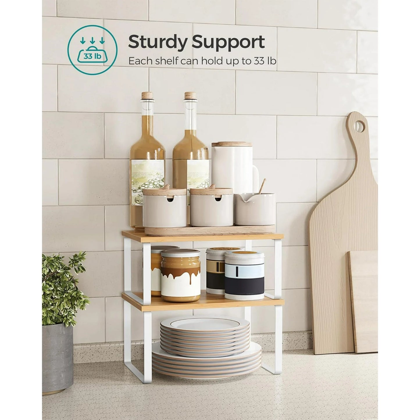 Cabinet Organizer Shelf, Set of 2 Kitchen Counter Shelves, Kitchen Storage, Spice Rack, Stackable, Expandable, Metal and Engineered Wood, Cloud White and Natural Beige-White