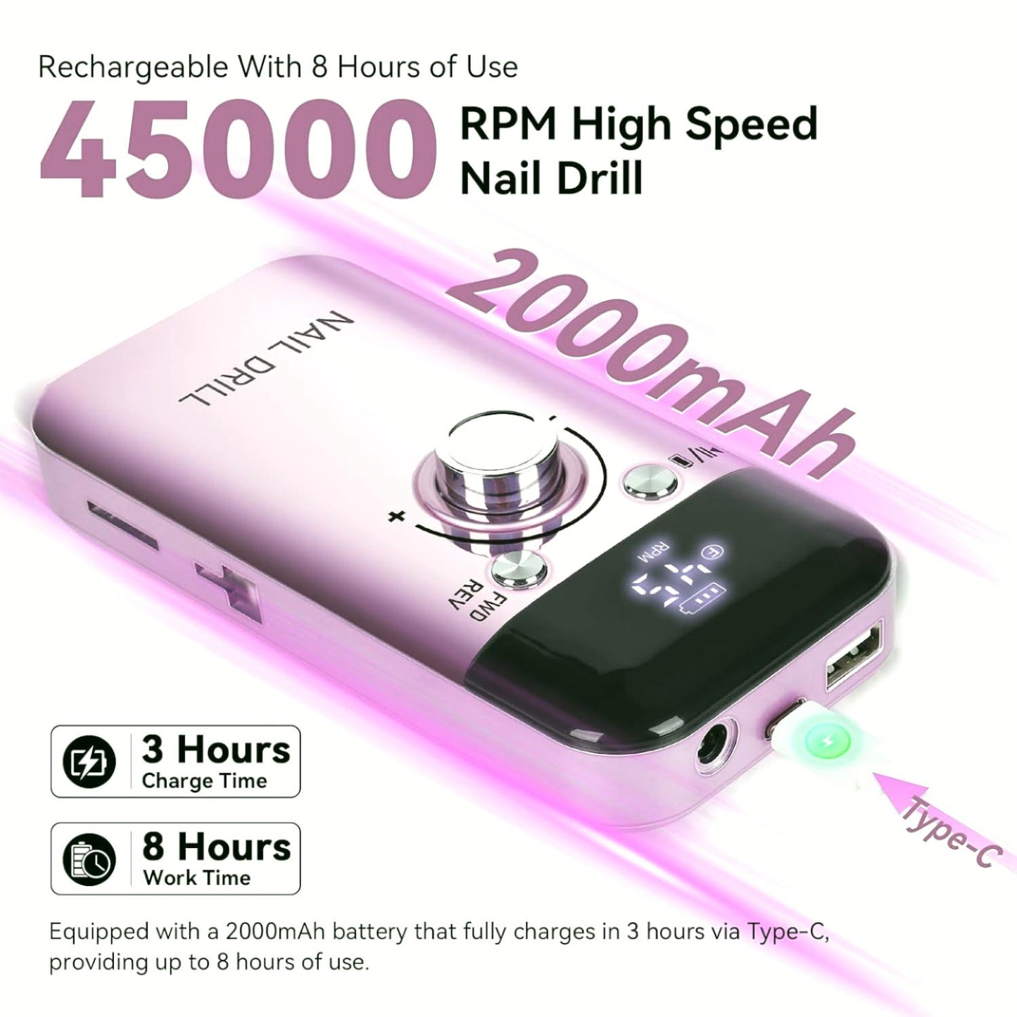 IDFINE Electric Nail Drill Professional 45000RPM, Rechargeable Nail Drill Kit Portable Electric Nail File for Acrylic Nails Gel Polishing Removing Nail Drill Machine for Manicure Salon Home
