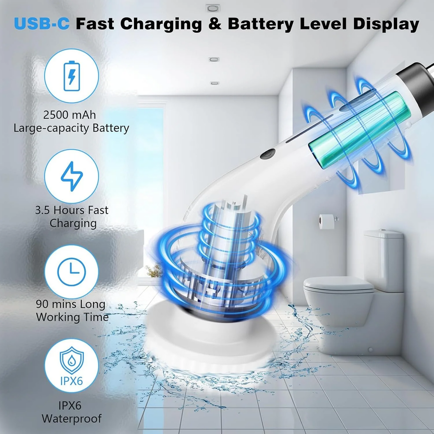 Electric Spin Scrubber,Cordless Cleaning Brush,Shower Cleaning Brush with 8 Replaceable Brush Heads, Power Scrubber Adjustable Speeds,Adjustable & Detachable Long Handle,Black