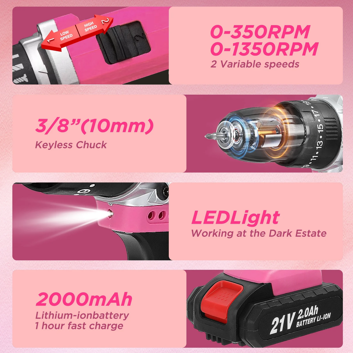 Cordless Drill, 21V Power Drill Set with 2Ah Battery, 3/8"Keyless Chuck, 25+1 Position Electric Drill, 2-Speed Transmission For Screwdriving And Drilling, Pink