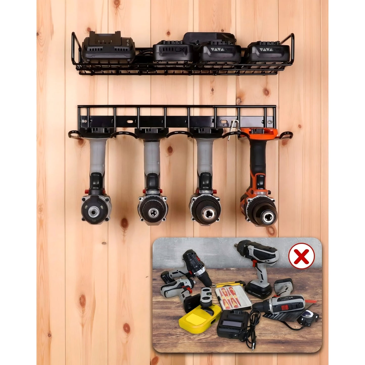 Euur Power Tool Organizer Wall Mounted - Wall Mount Style for Power Drill Tool Holder Organizers and Storage Rack for Heavy Duty Tool Shelf Garage Organization with 4 Drill Holders
