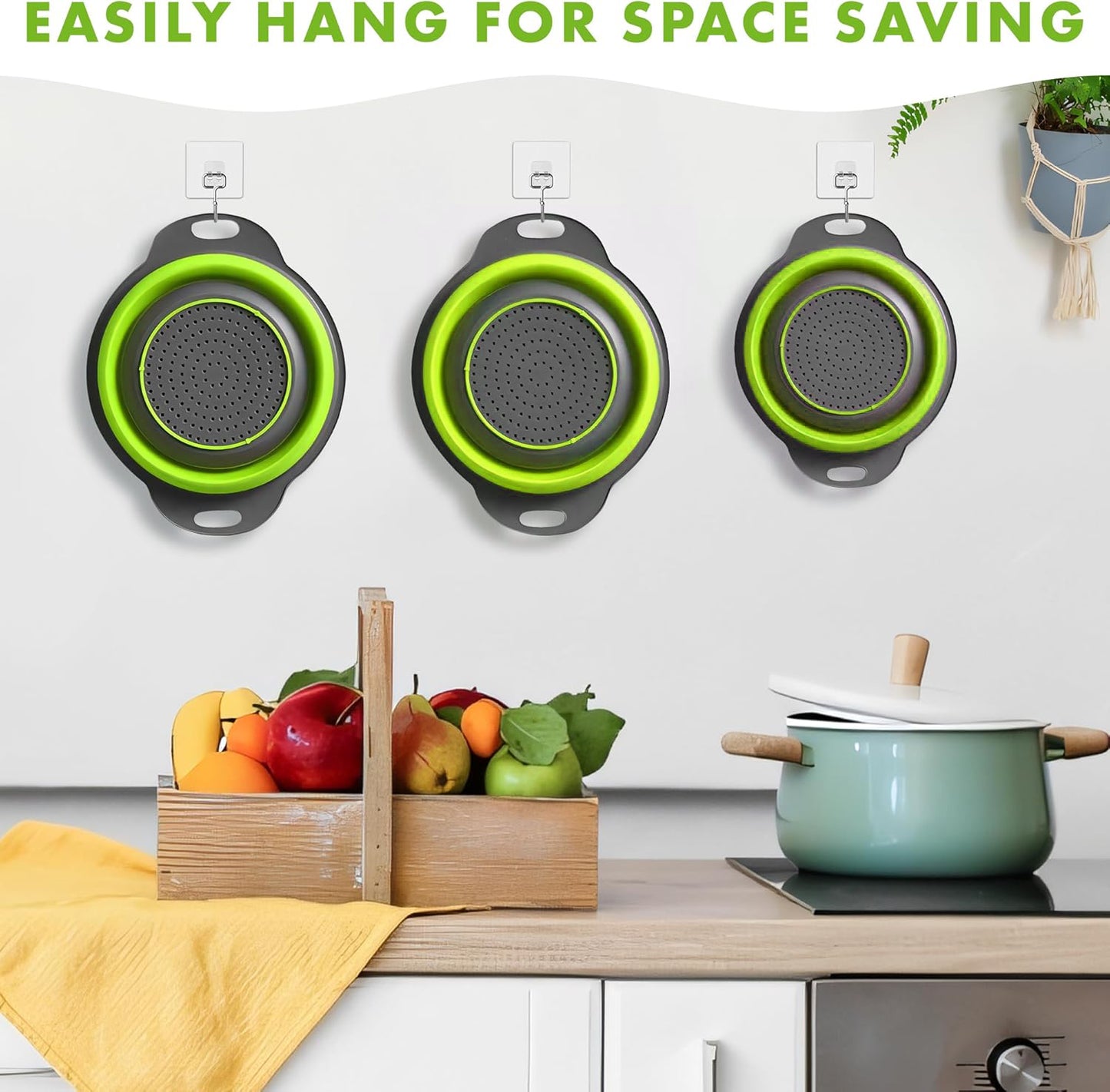 LVL Collapsible Colander Set of 3 Round Silicone Kitchen Strainer Set - 2 pcs 4 Quart and 1 pcs 2 Quart- Perfect for Draining Pasta, Vegetable and fruit (green)