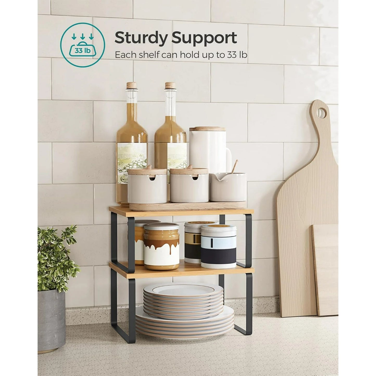 Cabinet Shelf Organizer, Extendable Countertop Shelves Set of 2, Kitchen Spice Racks, Stackable, Storage Racks for Cupboard, Sink, Pantry, Bathroom, Natural, Metal-Black