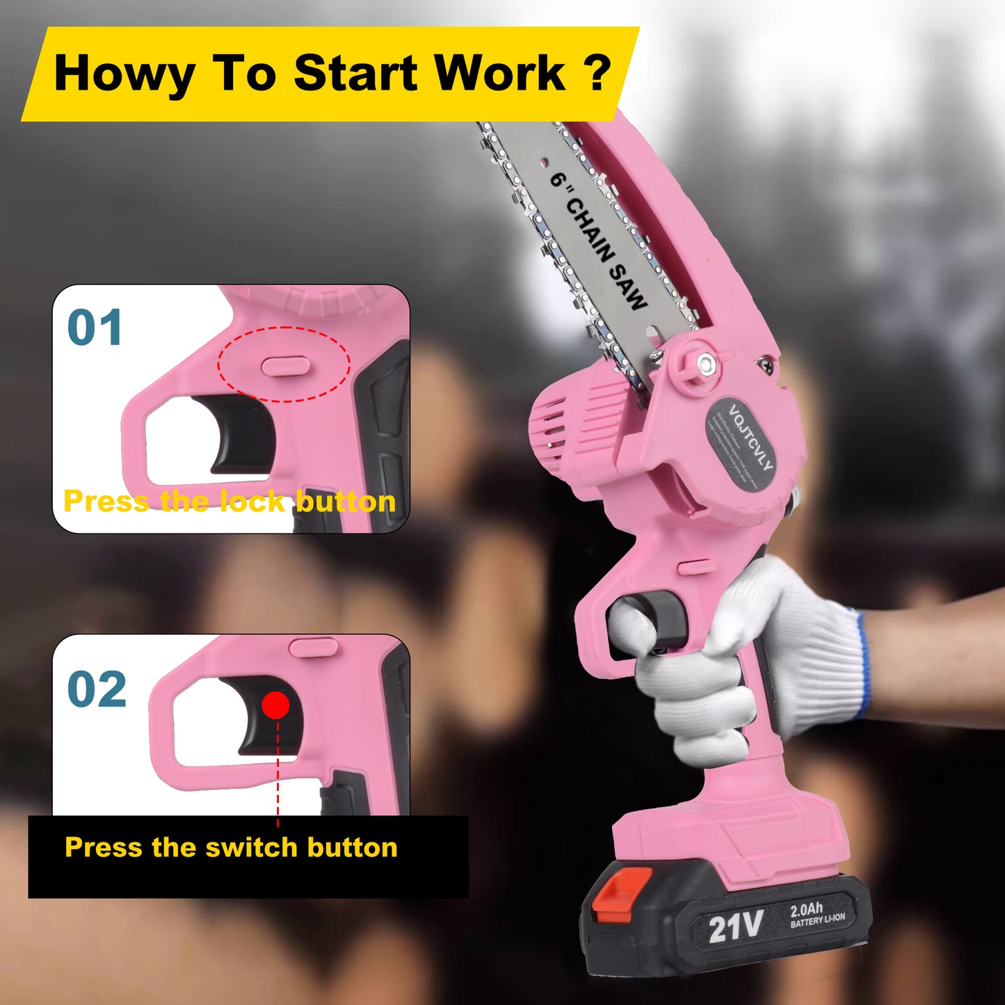 Euur 6 inch Mini Chainsaw with 2x21V 2000mAh Batteries and 2 Chains, Electric Cordless Chainsaw Set with Security Lock for Wood Cutting Tree Pruning Trimming,Pink