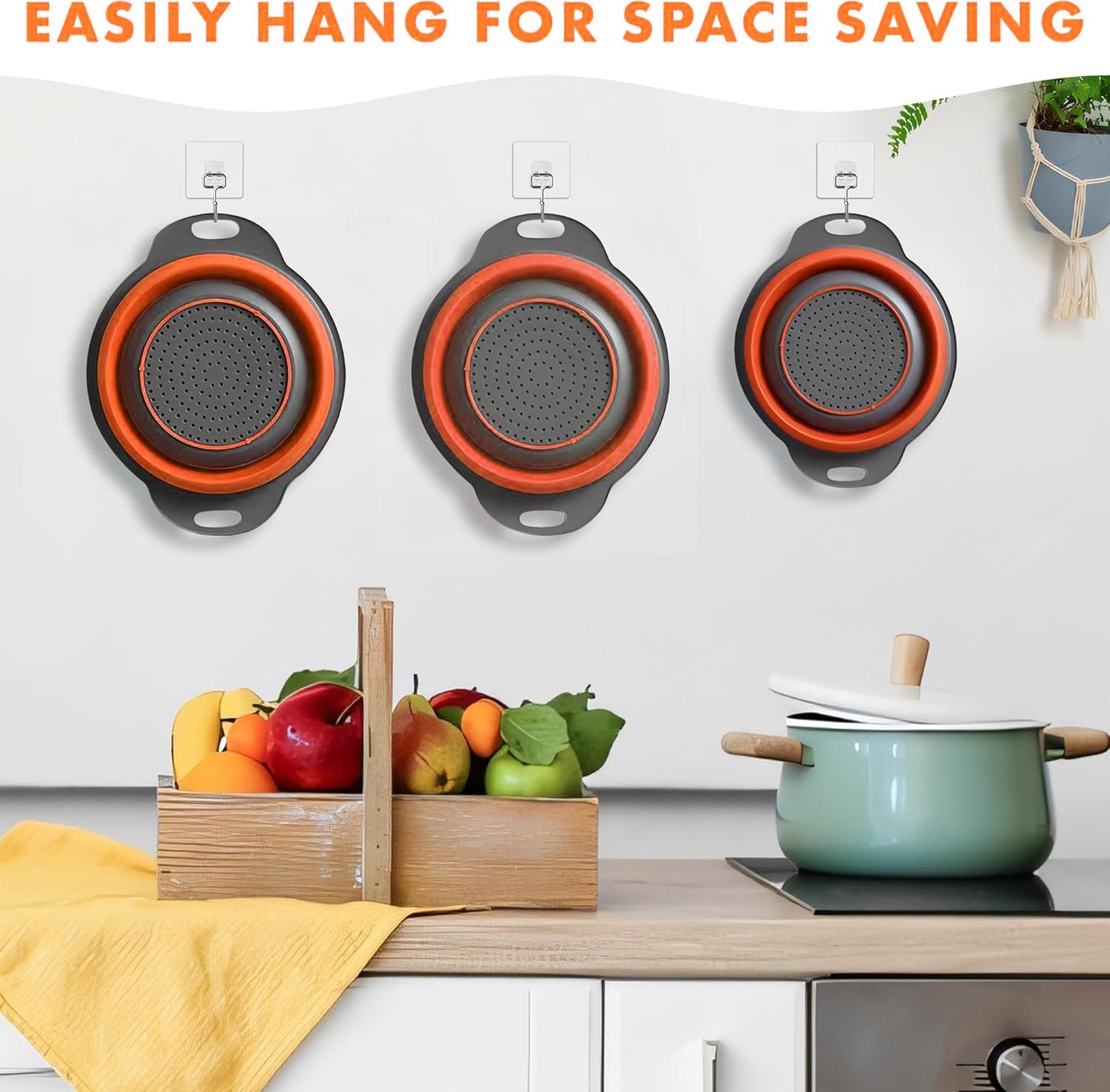 LVL Collapsible Colander Set of 3 Round Silicone Kitchen Strainer Set - 2 pcs 4 Quart and 1 pcs 2 Quart- Perfect for Draining Pasta, Vegetable and fruit (gray )