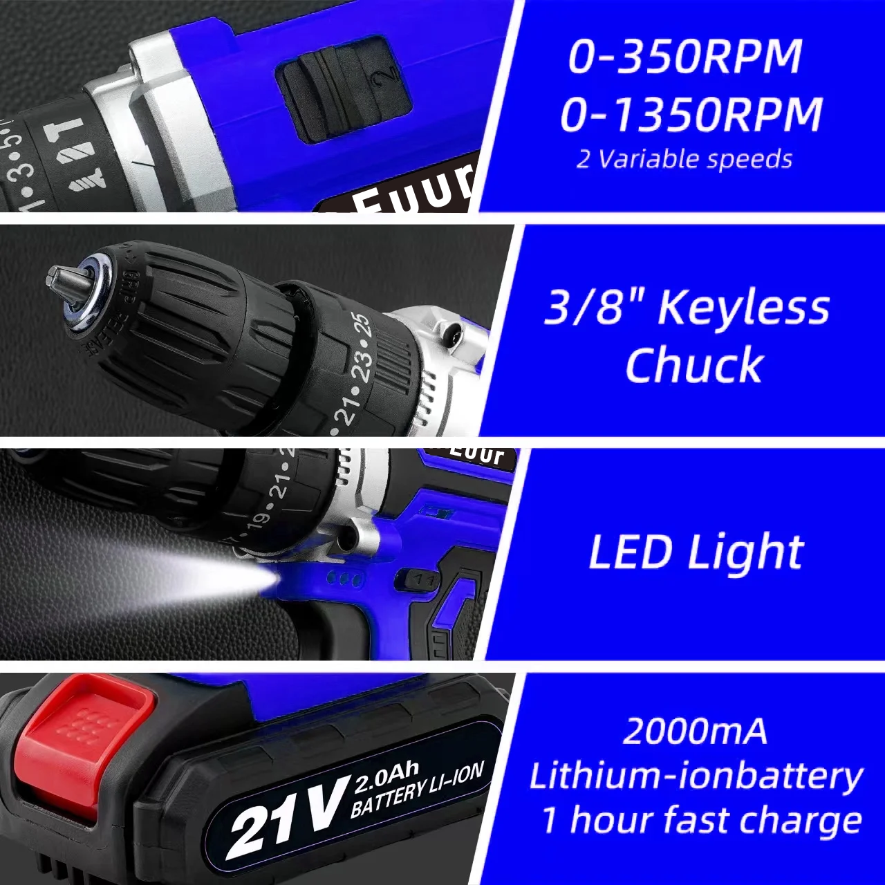 Cordless Drill, 21V Power Drill Set, 25+1 Position Adjustable Torque Electric Drill, 2-Speed Transmission For Screwdriving And Drilling, Blue