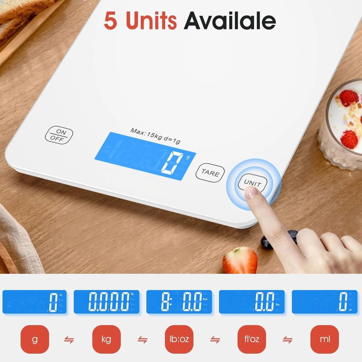 LVL Food Scale, 22lb Digital Kitchen Scale Weight Grams and oz for Cooking Baking, 1g/0.1oz Precise Graduation, Stainless Steel and Tempered Glass (White)