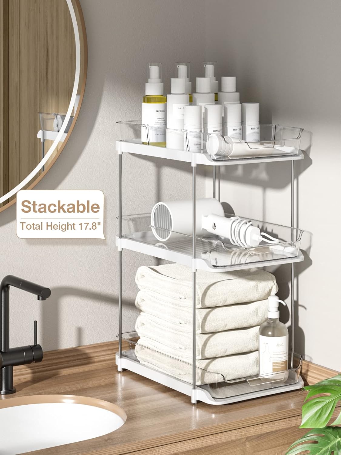 2 Sets of 2-Tier Multi-Purpose Bathroom Under Sink Organizers and Storage, Stackable Kitchen Pantry Organization, Pull Out Medicine Cabinet Organizer with 8 Movable Dividers