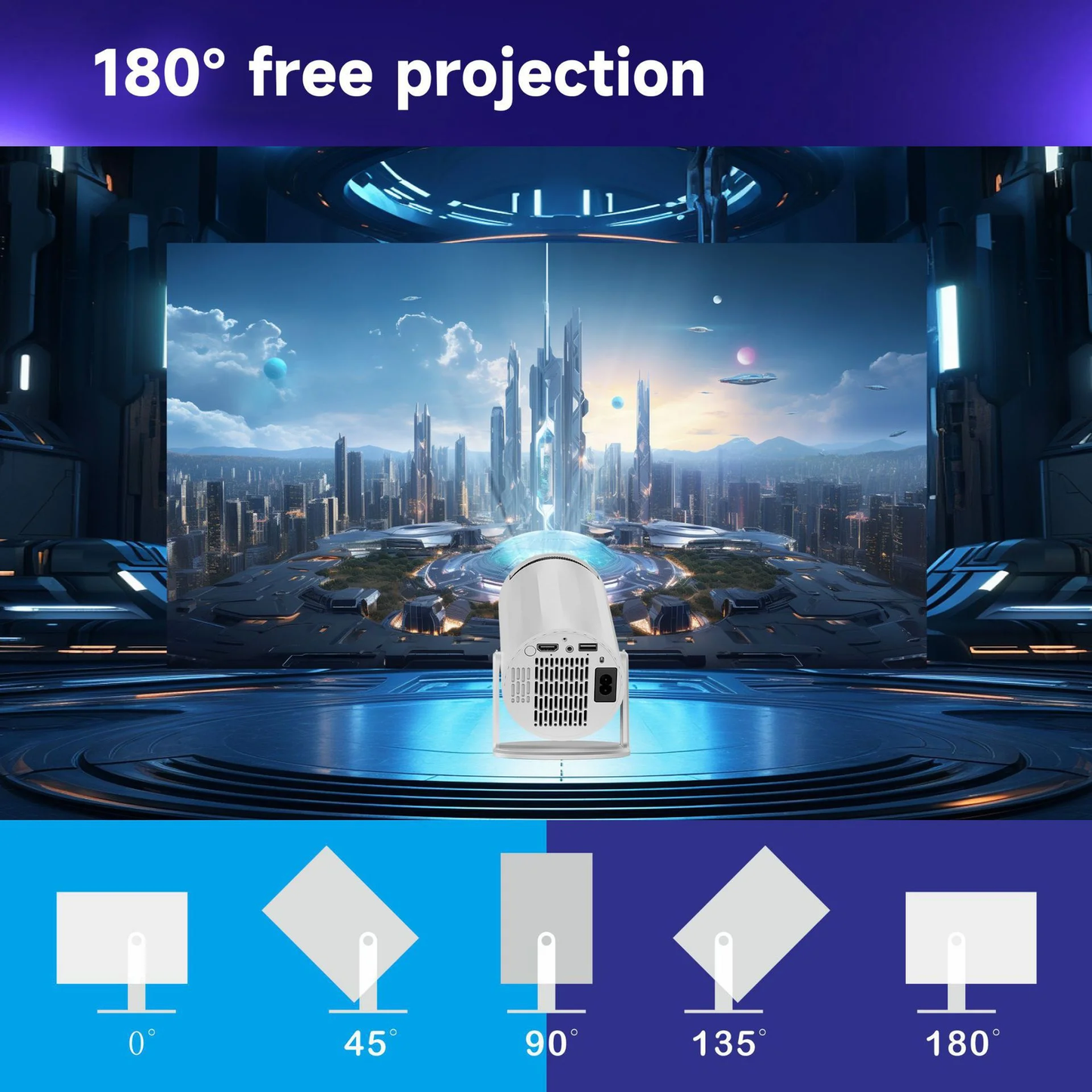 Mini Projector with WIFI 6 and Bluetooth, 4K 1080P Support Portable Projector 180° Rotatable 130'' Screen Movie Projector Auto Keystone Compatible for Laptop, PC, Smartphone (White)