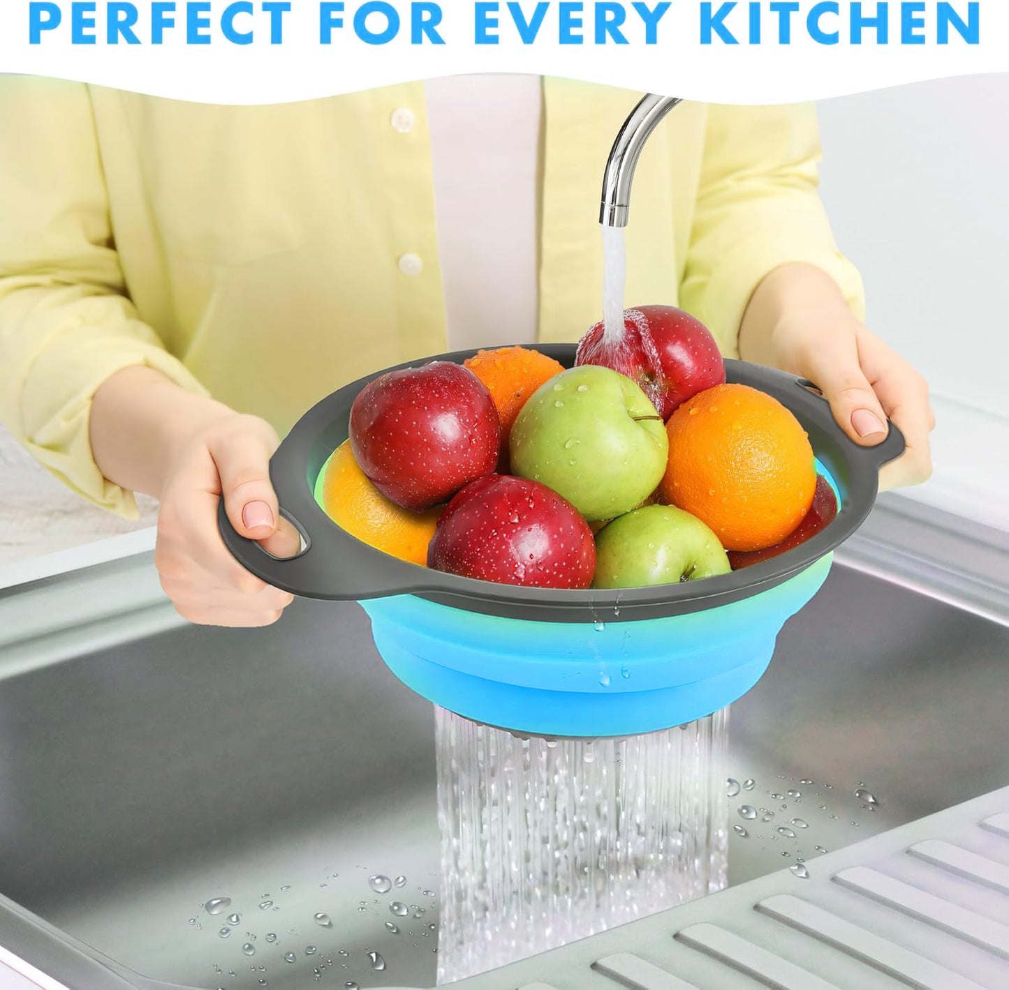 LVL Collapsible Colander Set of 3 Round Silicone Kitchen Strainer Set - 2 pcs 4 Quart and 1 pcs 2 Quart- Perfect for Draining Pasta, Vegetable and fruit (blue)