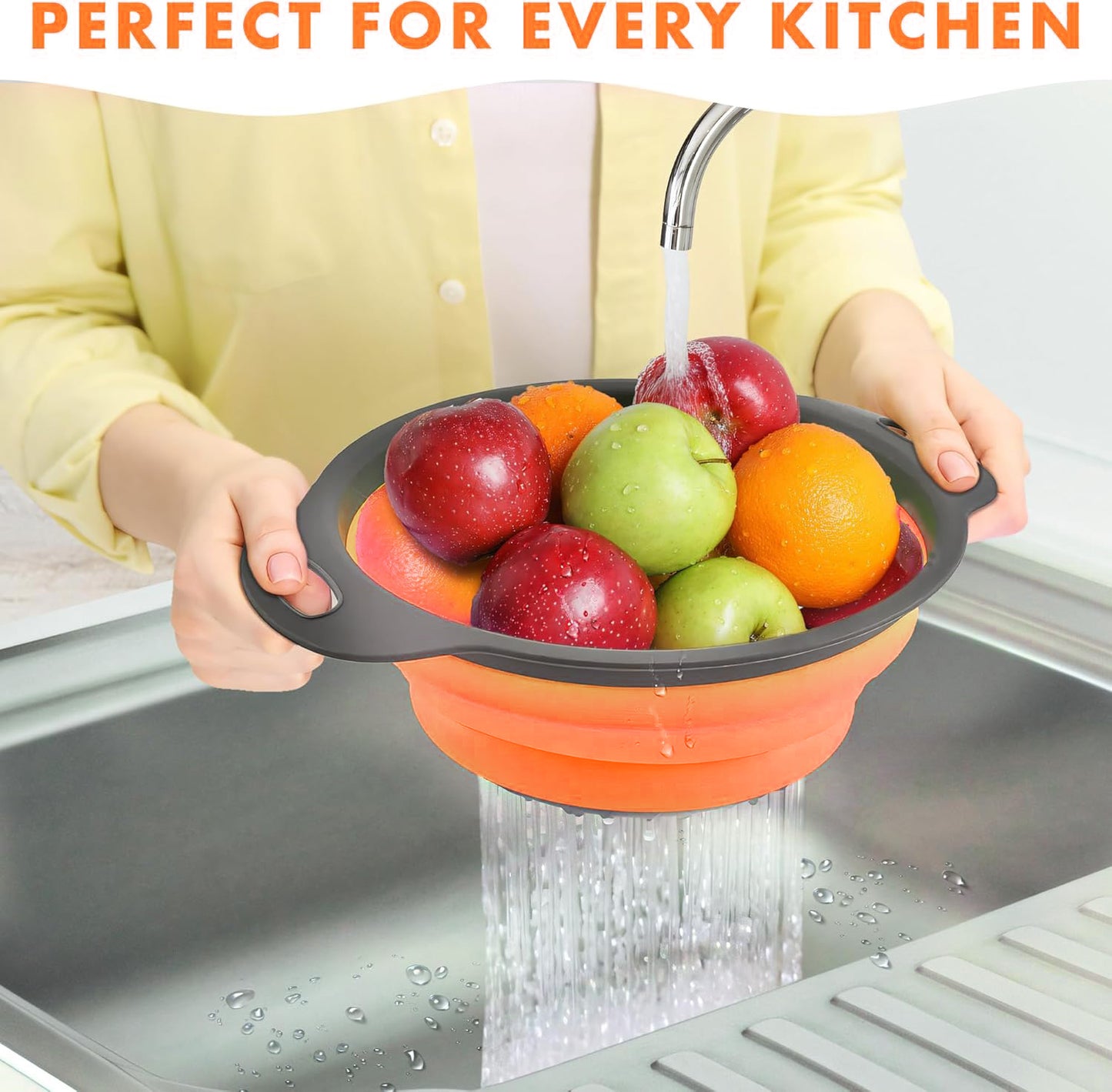 LVL Collapsible Colander Set of 3 Round Silicone Kitchen Strainer Set - 2 pcs 4 Quart and 1 pcs 2 Quart- Perfect for Draining Pasta, Vegetable and fruit (gray )