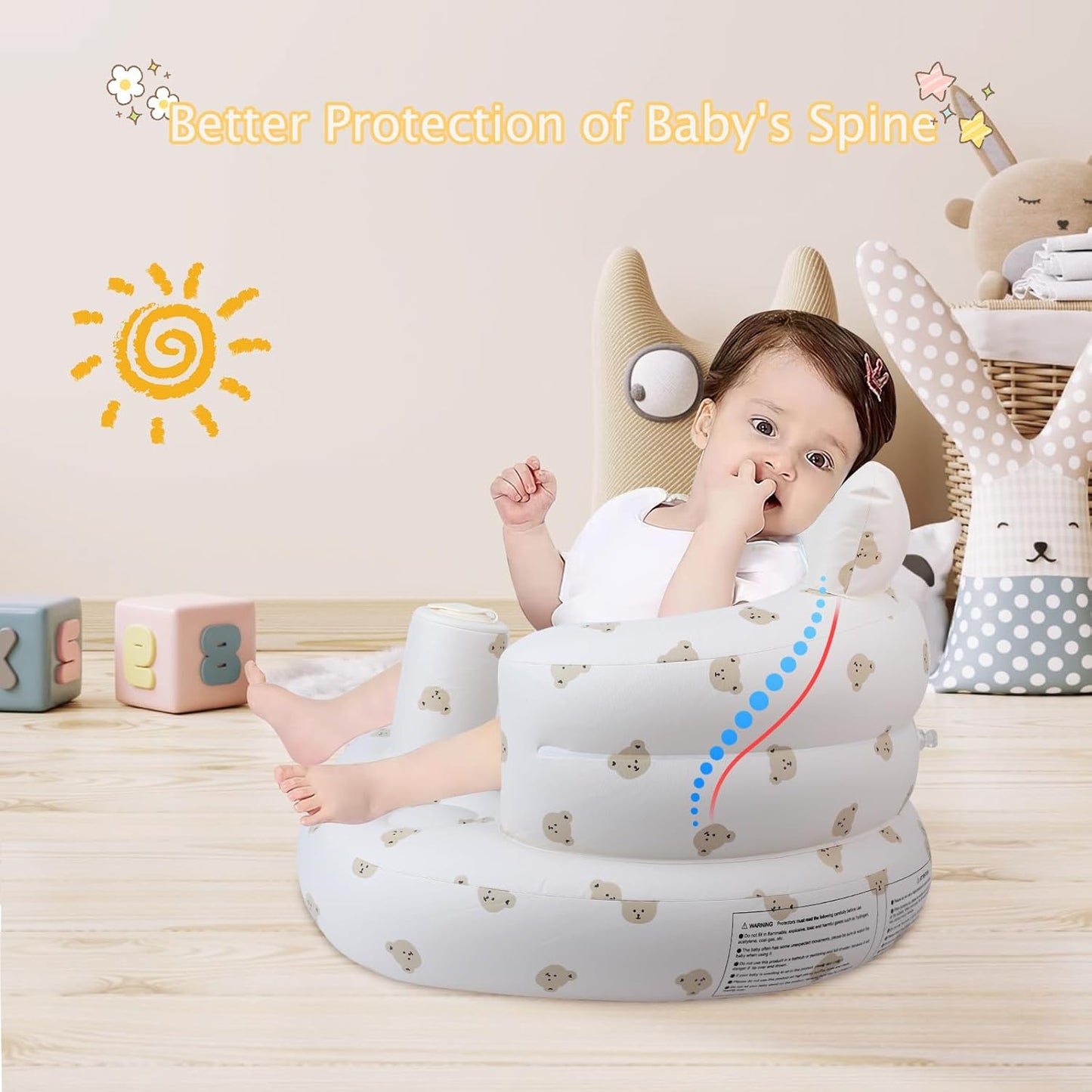 Baby Inflatable Seat for Babies 3 Months & Up, Baby Floor Seats for Sitting Up with Built in Air Pump, Blow Up Baby Chair for Infants - Bear Head