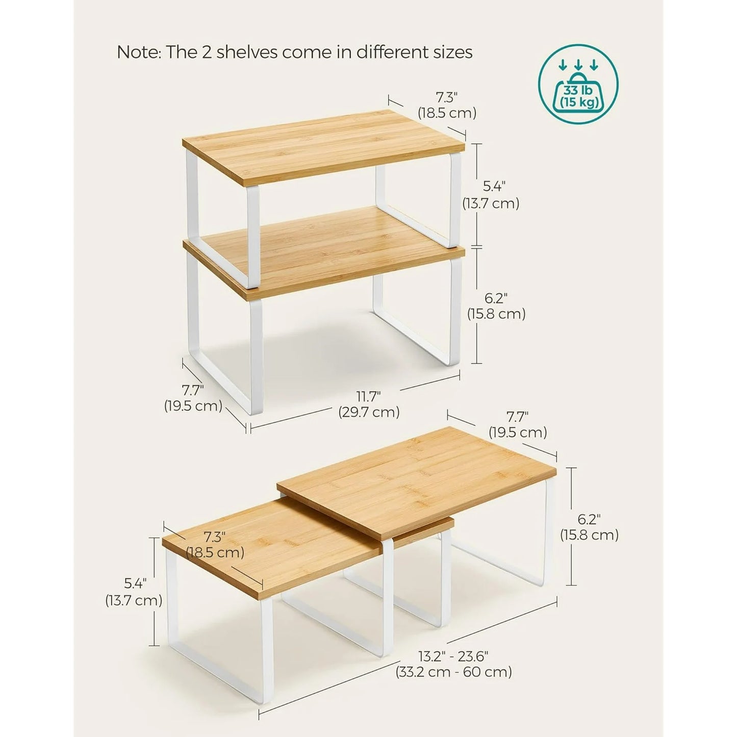 Cabinet Organizer Shelf, Set of 2 Kitchen Counter Shelves, Kitchen Storage, Spice Rack, Stackable, Expandable, Metal and Engineered Wood, Cloud White and Natural Beige-White