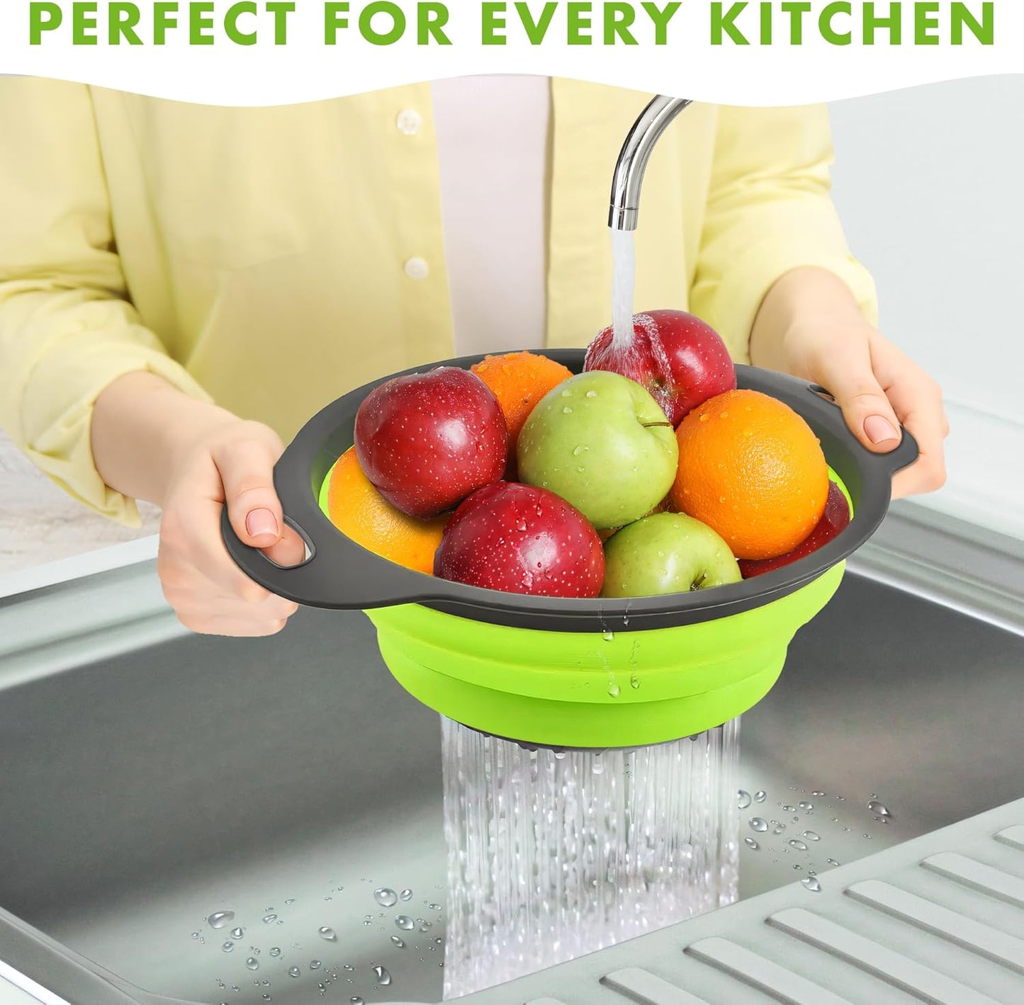 LVL Collapsible Colander Set of 3 Round Silicone Kitchen Strainer Set - 2 pcs 4 Quart and 1 pcs 2 Quart- Perfect for Draining Pasta, Vegetable and fruit (green)
