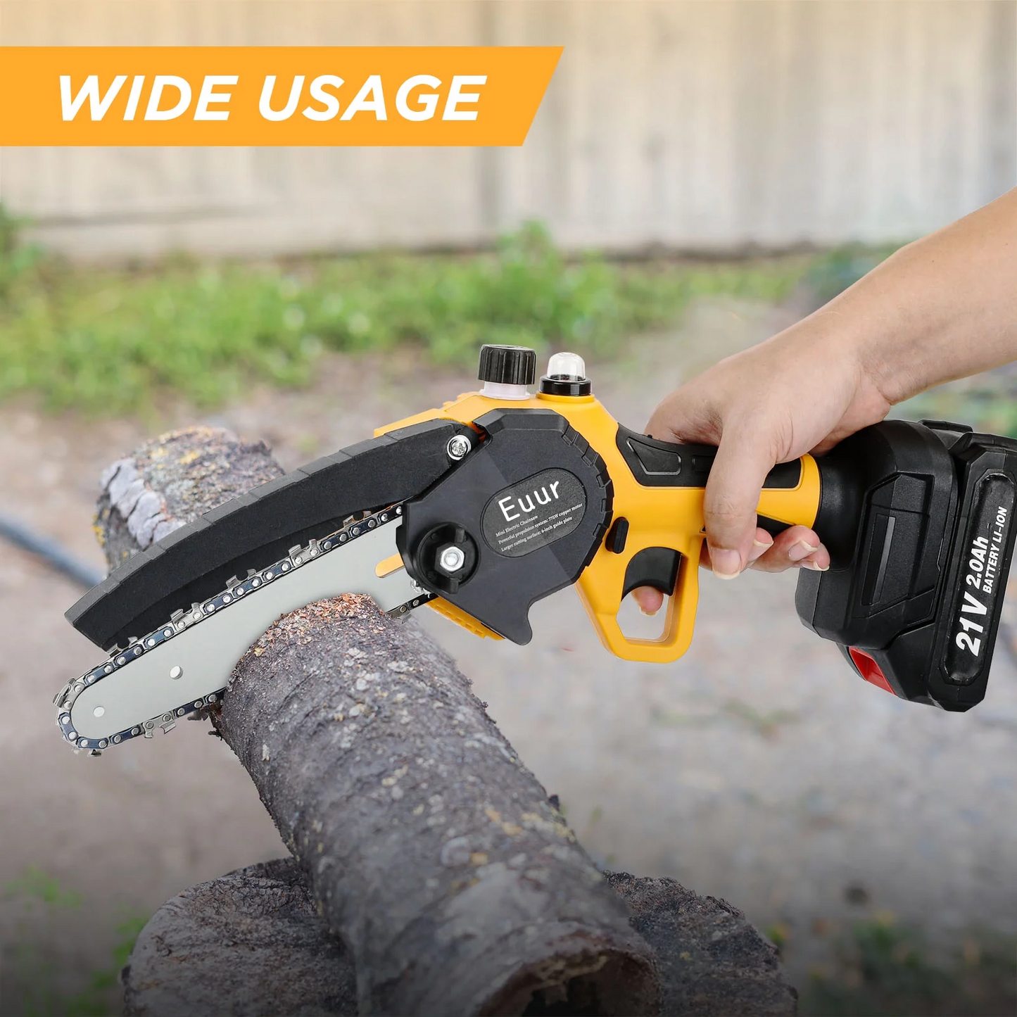 Euur 6 inch Mini Chainsaw with 2x21V 2000mAh Batteries and 2 Chains, Electric Cordless Chainsaw Set with Security Lock for Wood Cutting Tree Pruning Trimming, Yellow