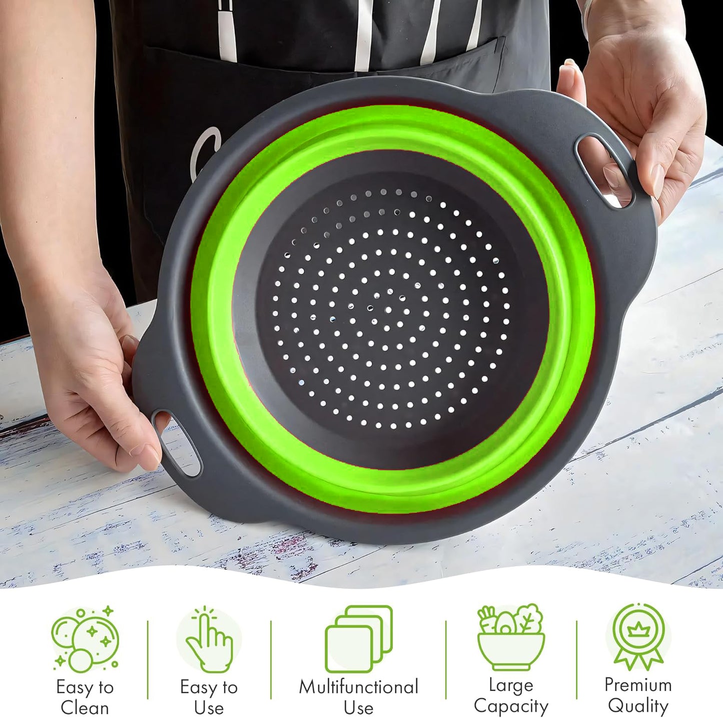 LVL Collapsible Colander Set of 3 Round Silicone Kitchen Strainer Set - 2 pcs 4 Quart and 1 pcs 2 Quart- Perfect for Draining Pasta, Vegetable and fruit (green)