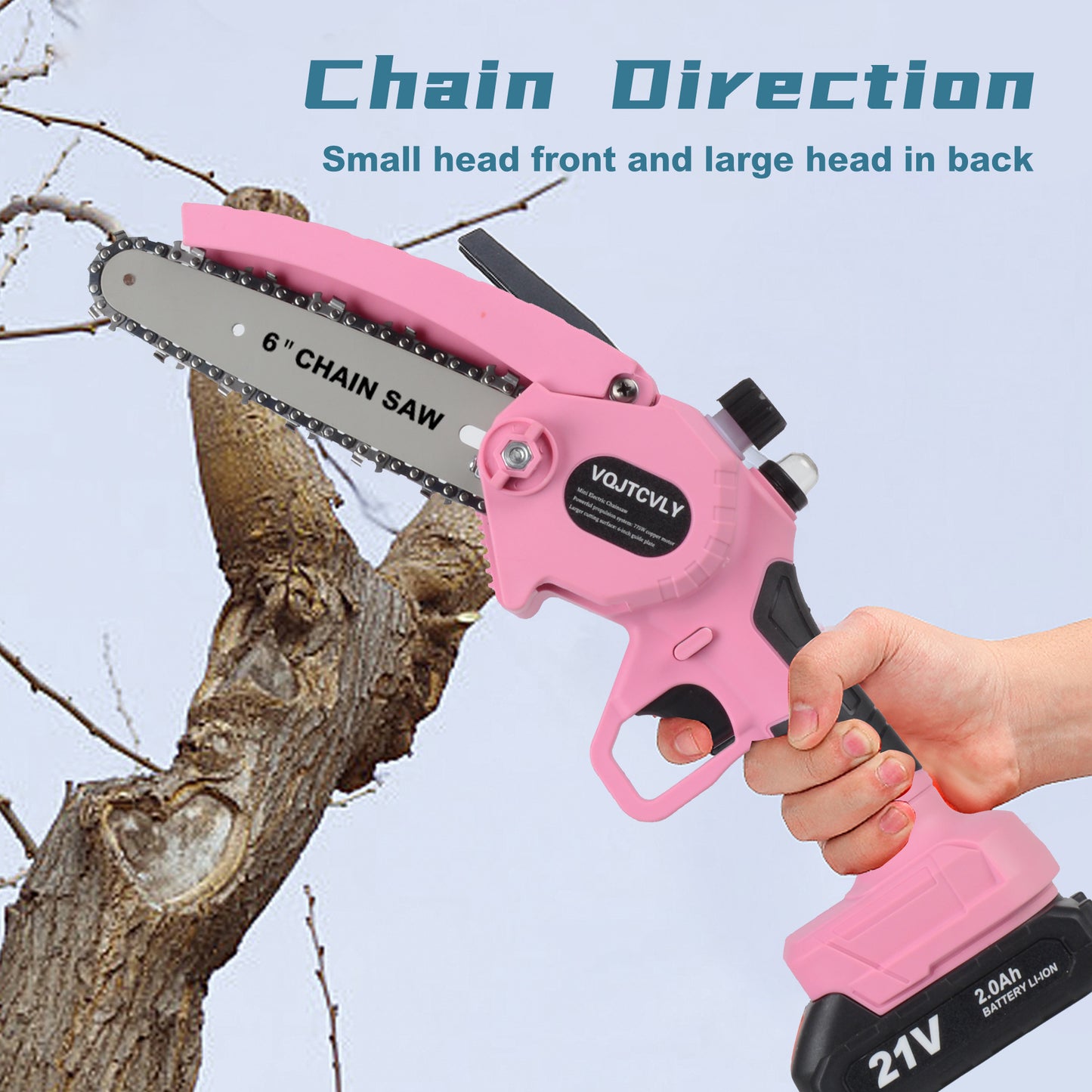 Euur 6 inch Mini Chainsaw with 2x21V 2000mAh Batteries and 2 Chains, Electric Cordless Chainsaw Set with Security Lock for Wood Cutting Tree Pruning Trimming,Pink