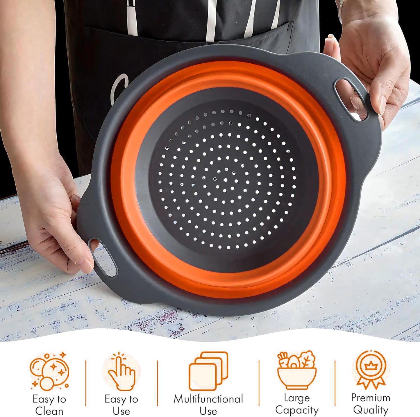 LVL Collapsible Colander Set of 3 Round Silicone Kitchen Strainer Set - 2 pcs 4 Quart and 1 pcs 2 Quart- Perfect for Draining Pasta, Vegetable and fruit (gray )