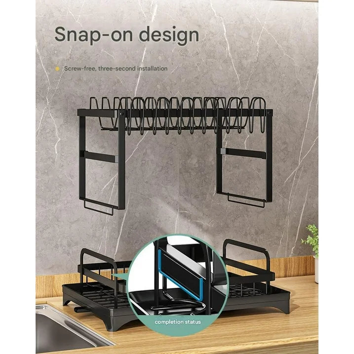 Dish Drying Rack - Stainless Steel Dish Rack for Kitchen Counter, 2-Tier Kitchen Organizers and Storage Rack with Drainboard and Cutlery Holder, Large, Black
